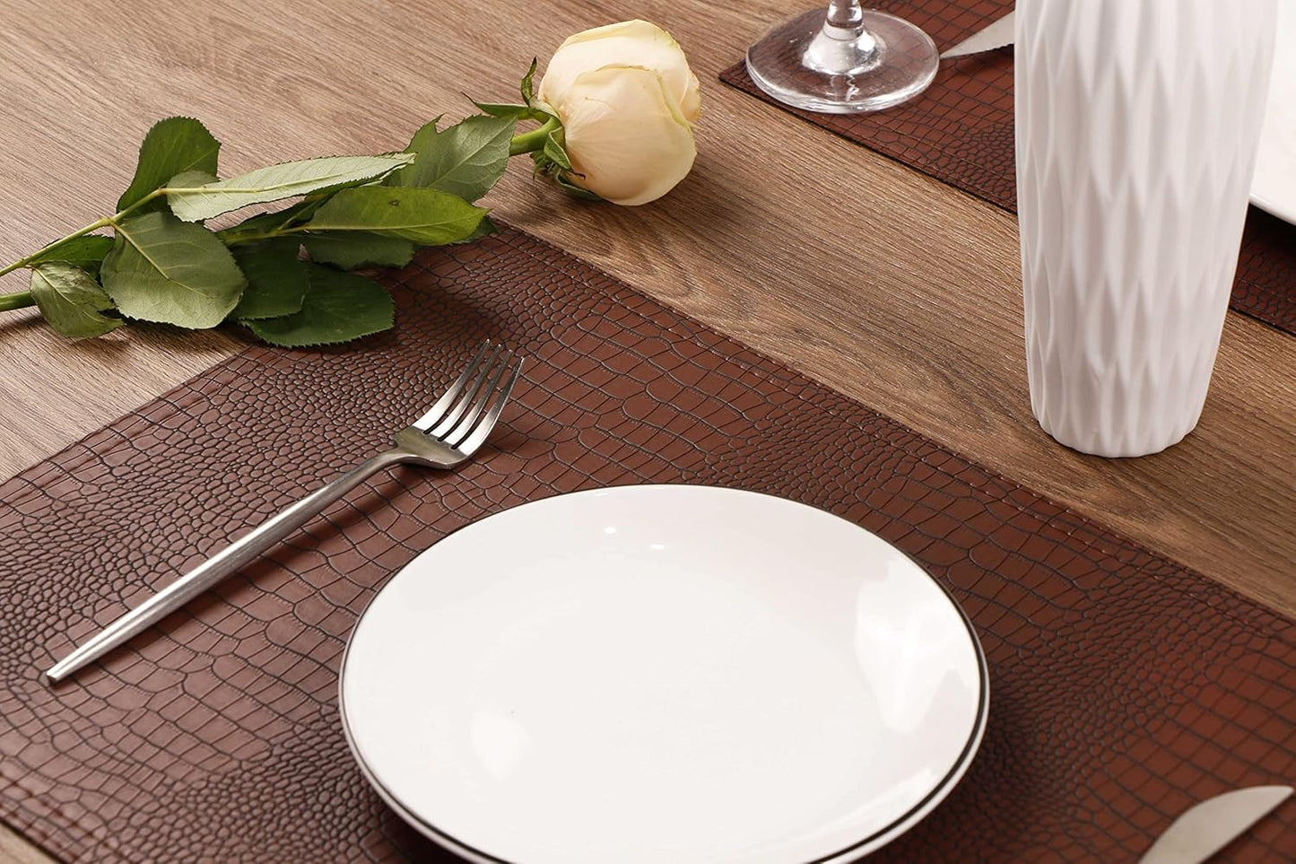 Faux Leather Hardboard Placemats, Set of 6 PU Table Mats, Easy to Clean, Heat & Stain Resistant for Office Conference Table, Dining Home Decor, Brown