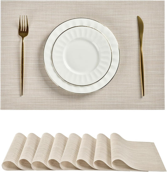 Leetaltree Beige White Placemats Set of 8 - Heat Resistant Non-Slip Place mats for Dining Table, Washable Durable PVC Vinyl Woven Table Mats（Beige White, 8）