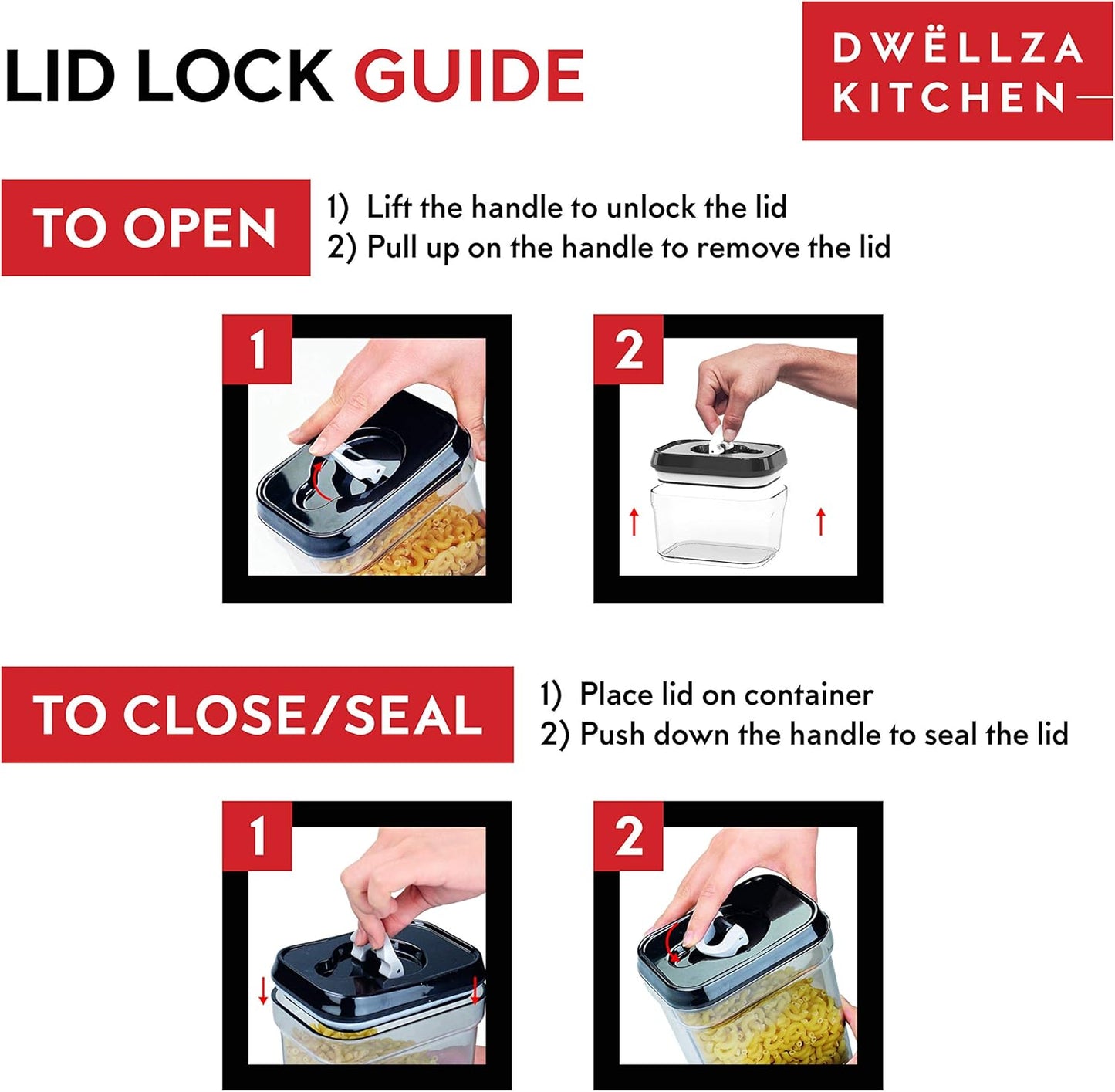 DWËLLZA KITCHEN Large Airtight Food Storage Containers - Clear Plastic Bulk Food Pantry & Kitchen Storage Containers for Flour, Sugar and Baking Supplies 4 Pcs. BPA-Free, Keeps Fresh & Dry (Black)