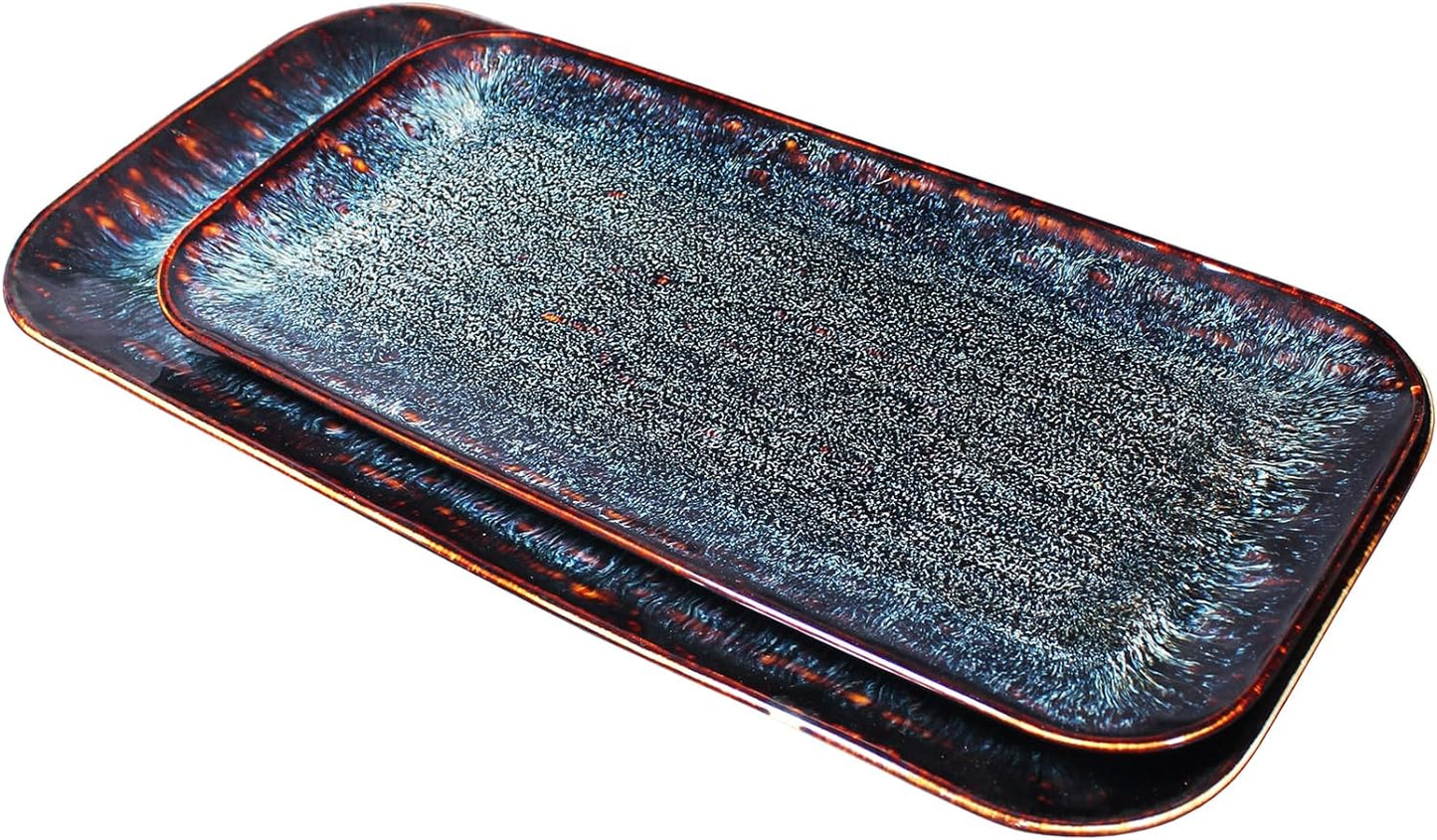 Porcelain Dinner Plates Platters Set of 2, for Fruit, dessert, snack platter, Bread, cupcake, Salad - Microwave, Dishwasher Safe, Scratch Resistant durable, Black Reactive glaze