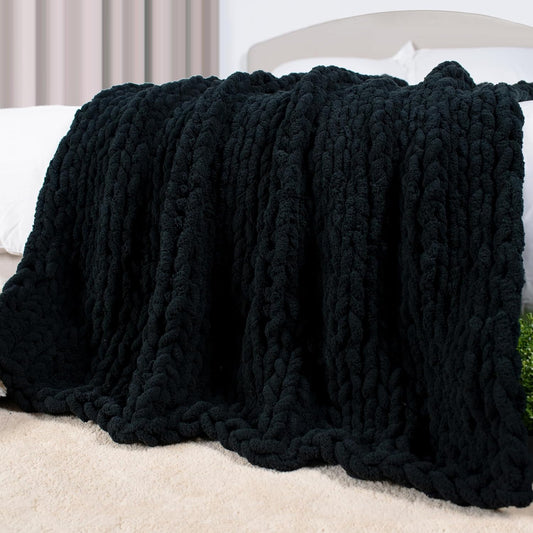 Carriediosa Chunky Knit Throw Blanket 50" X 60", 100% Hand Made Large Chenille Loop Yarn Soft Fluffy Throws for Couch Sofa Bed, Big Crochet Cozy Heavy Thick Cable Woven Blankets, Black