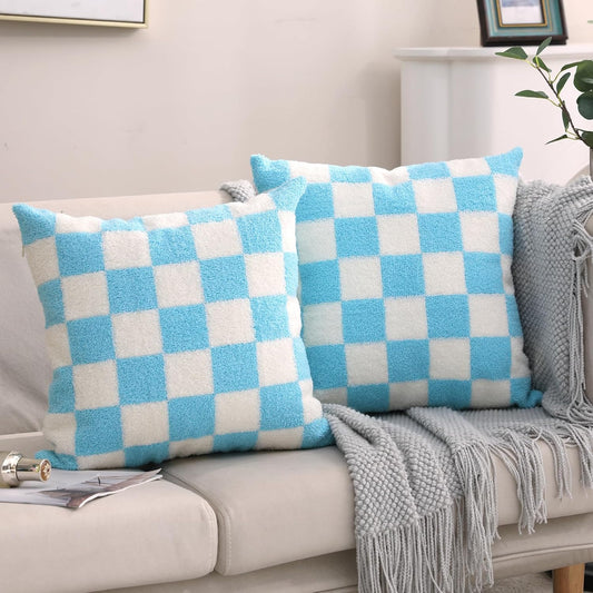 Alysheer Checkered Embroidered Decorative Throw Pillow Covers 18"x 18" Set of 2, Classic Accent Designer Blue White Plaid Patterned Cotton Cushion Cases for Sofa Couch Bed Living Room Outdoor Decor