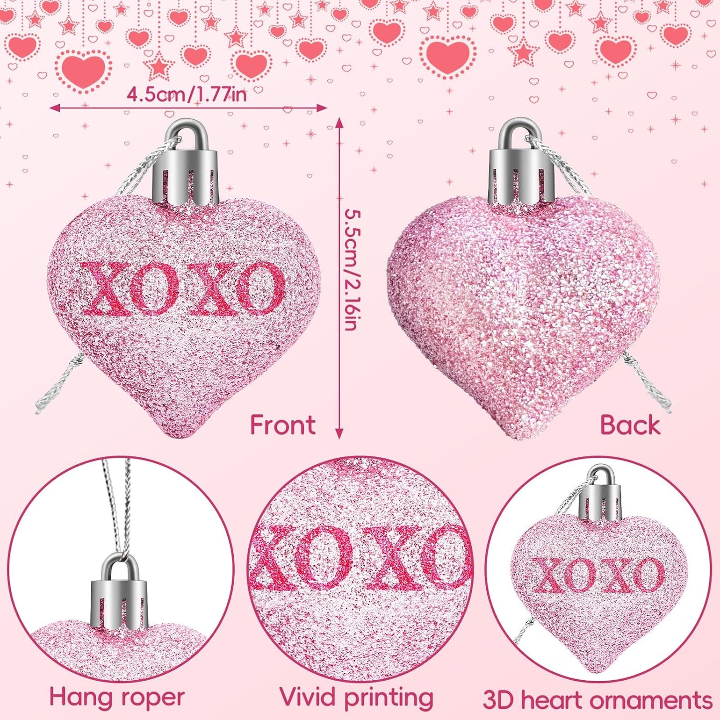 JULMELON 24Pcs Valentine's Day Heart Shaped Ornaments Romantic Valentines Conversation Heart Hanging Ornaments Decorations for Home Party Wedding Decor (Red, Pink and Silver)