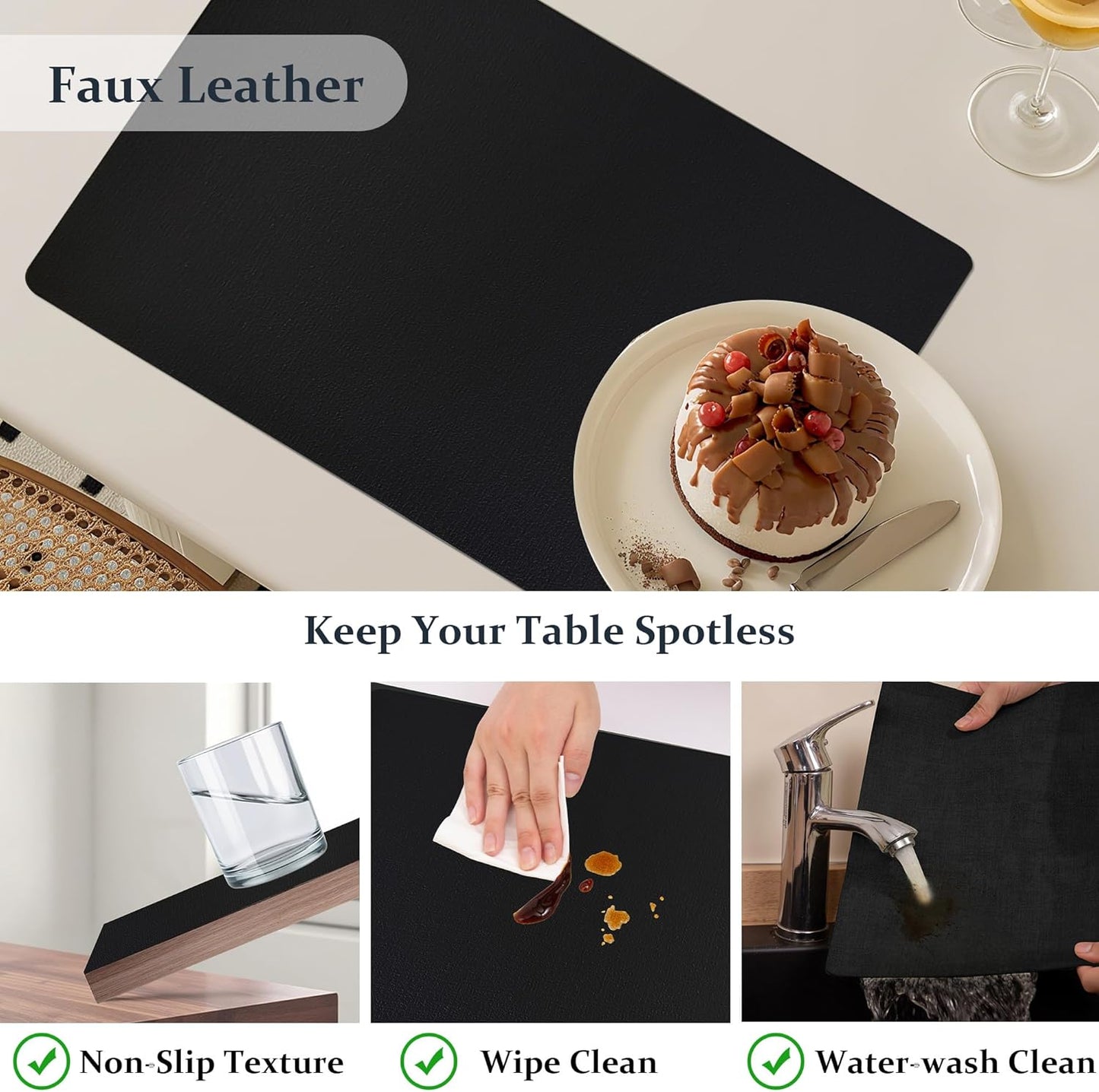 FROMHEART Faux Leather Placemats Set of 6–Waterproof,Heat/Oil Stain-Resistant PU Table Mat–Reversible,Non-Slip,Easy to Clean Place Mats for Kitchen,Dining,Indoor/Outdoor,(Black,11.8" x 17")