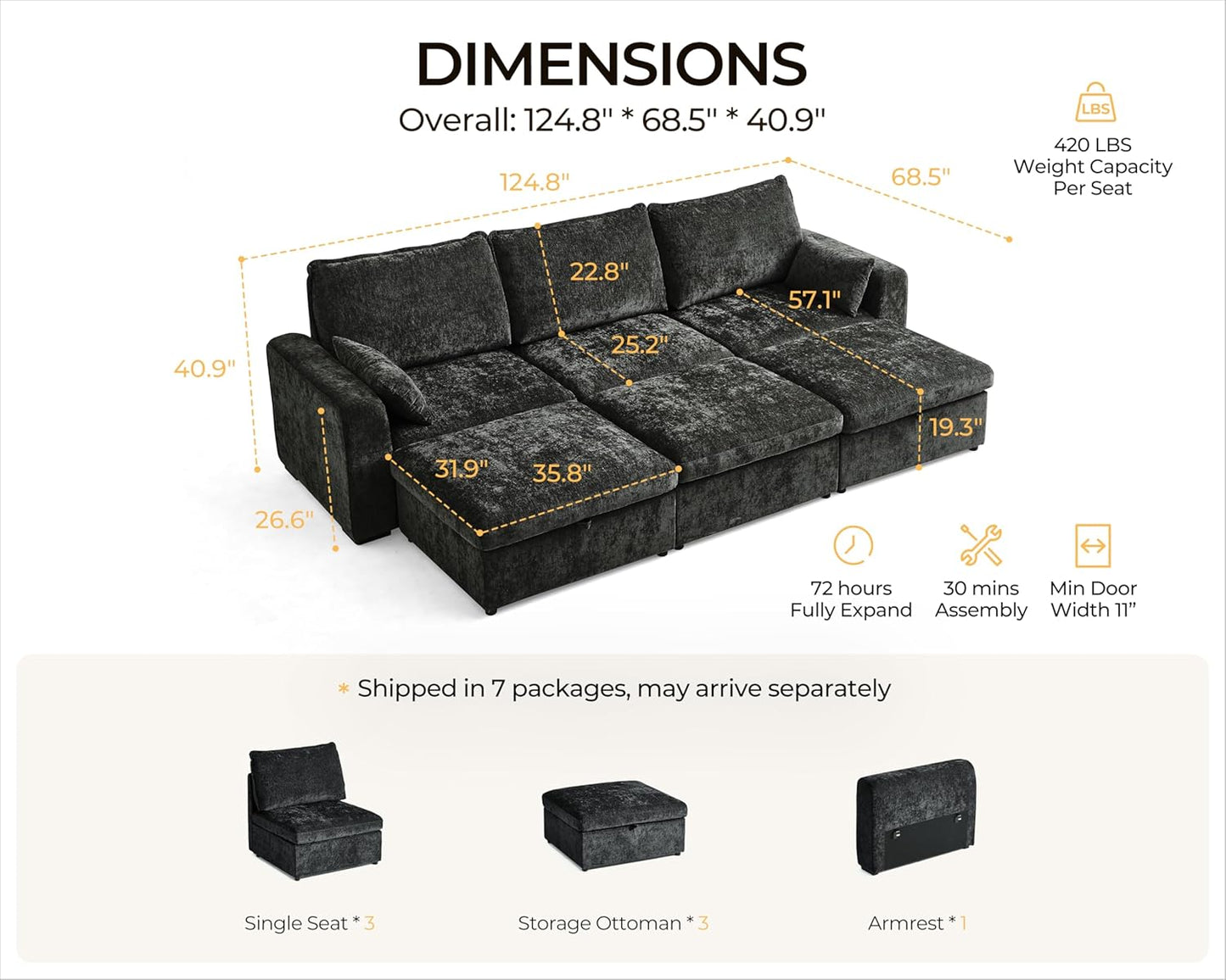 Oversized Modular Sofa Comfy Cloud Couch with Storage, Extra Deep Plush Sectional Sofa Set for Living Room, Covers Washable, Chenille, Olar (Black, 6-Seater with 3 Ottomans, Sleeper)