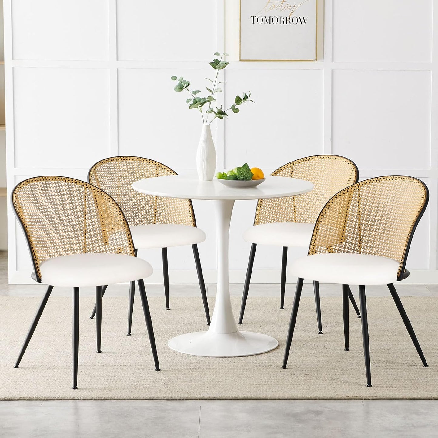 Dining Chairs Set of 4, Mid Century Modern Dining Room Chairs with Full Rattan Back, Faux Leather Kitchen Dining Chairs Farmhouse Armless Mesh Cane Back Side Chairs with Metal Legs, White