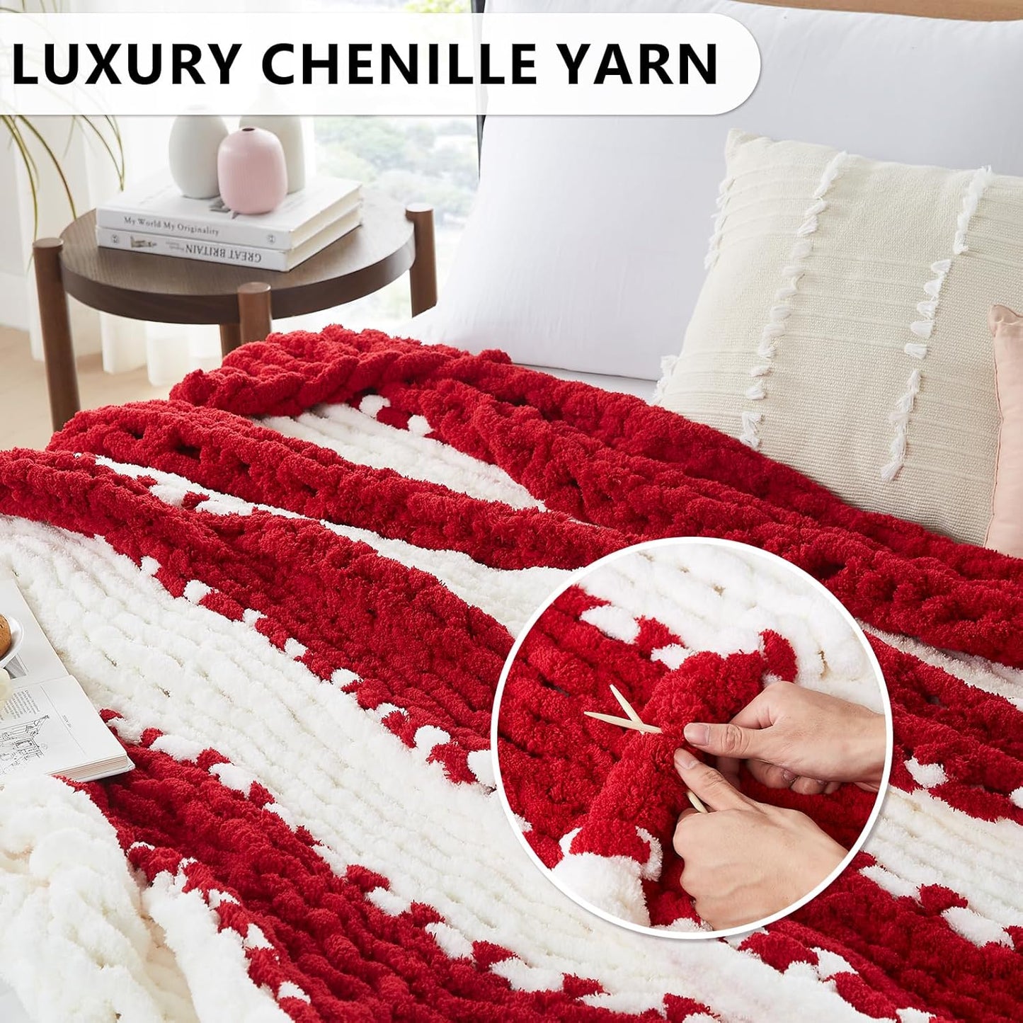 L'AGRATY Chunky Knit Blanket Throw - Soft Throw Blanket 50x60: 100% Hand Kintted Chenile Crochet Throw Blanket for Couch - Large Cable Knit Blanket for Home Decor (Red and White)