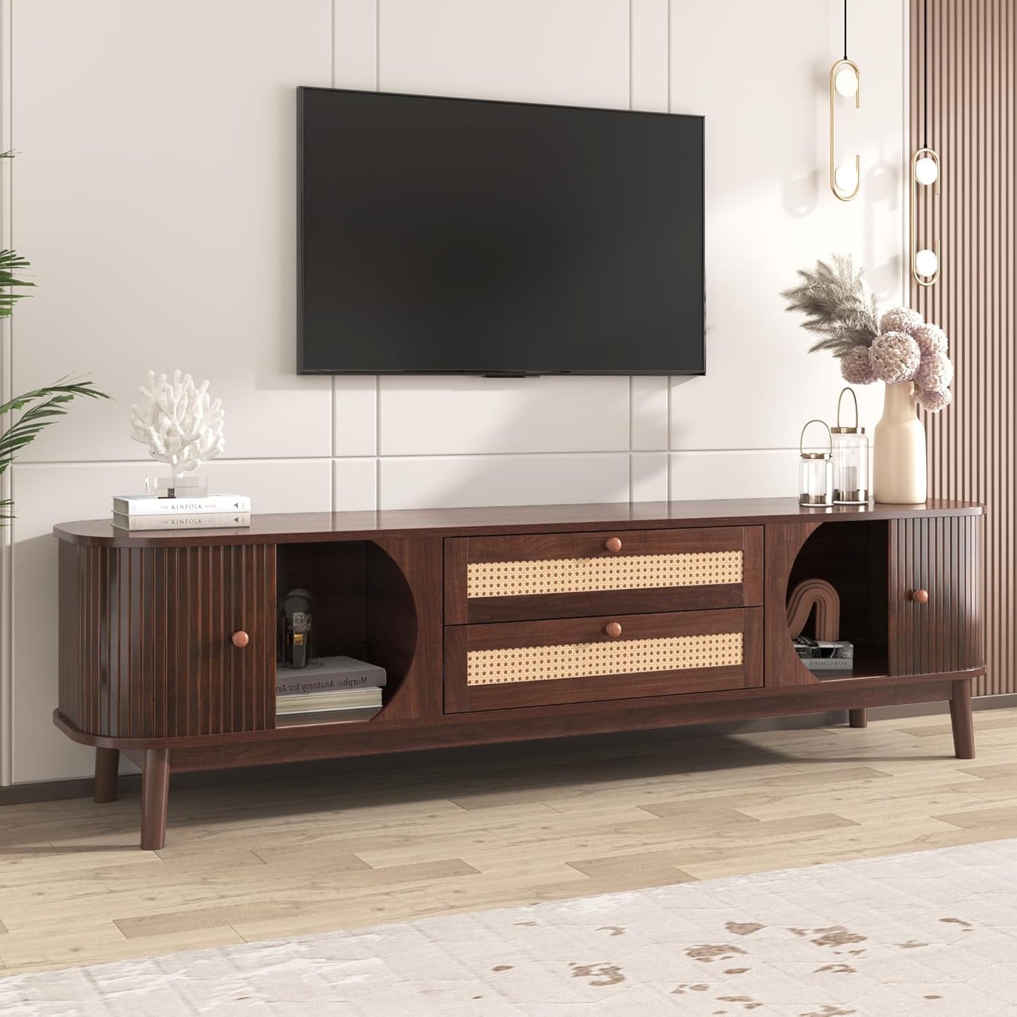 Merax Modern Fluted TV Stand for 75" TVs, Mid-Century Entertainment Center Tambour Door Media Console TV Cabinet with Rattan-Front Drawer for Living Room, Curved Profile Design