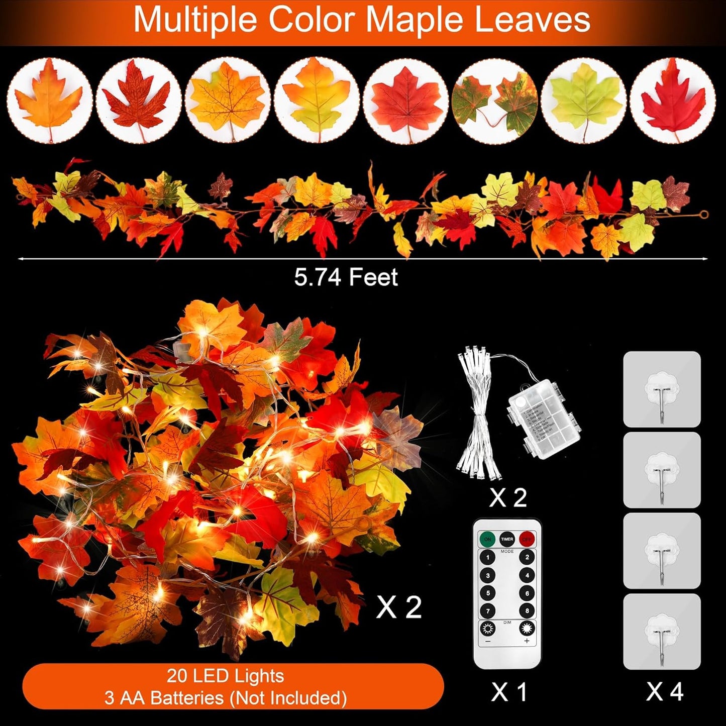 Aneco 2 Pack 5.74 Feet Each Maple Leaves Garlands with 8 Lighting Modes LED String Lights Artificial Maple Leaf Fall Decorations for Home Indoor Outdoor Thanksgiving Halloween Decor, Total 11.5 Feet