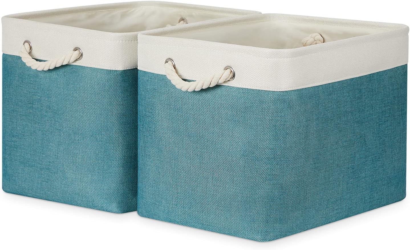 Bidtakay Foldable Storage Bins Set of 2 Tall Cloth Baskets 16" X 11.8" X 11.8" Decorative Organizers for Linen Closet (White & Teal)