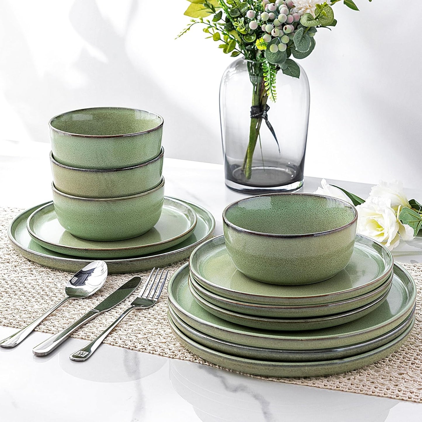 GBHOME Ceramic Dinnerware Sets for 4, 12 Pieces Stoneware Plates and Bowls Sets, Scratch Resistant Dishes, Dishwasher & Microwave Safe-Pastel Green