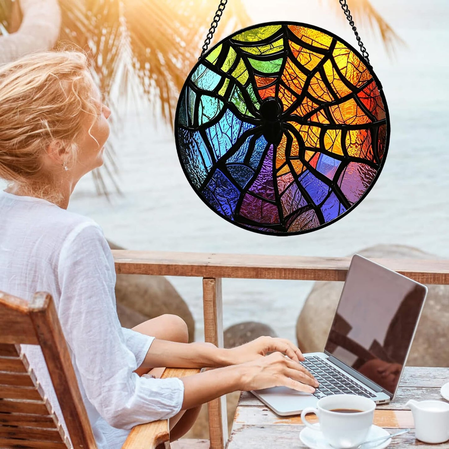 Stained Glass Suncatcher, Colorful Spider Sun Catcher Black Insect Stain Glass Window Hanging Decoration Mother's Day Birthday Gifts for Women Men Mom Nana 9.8 in