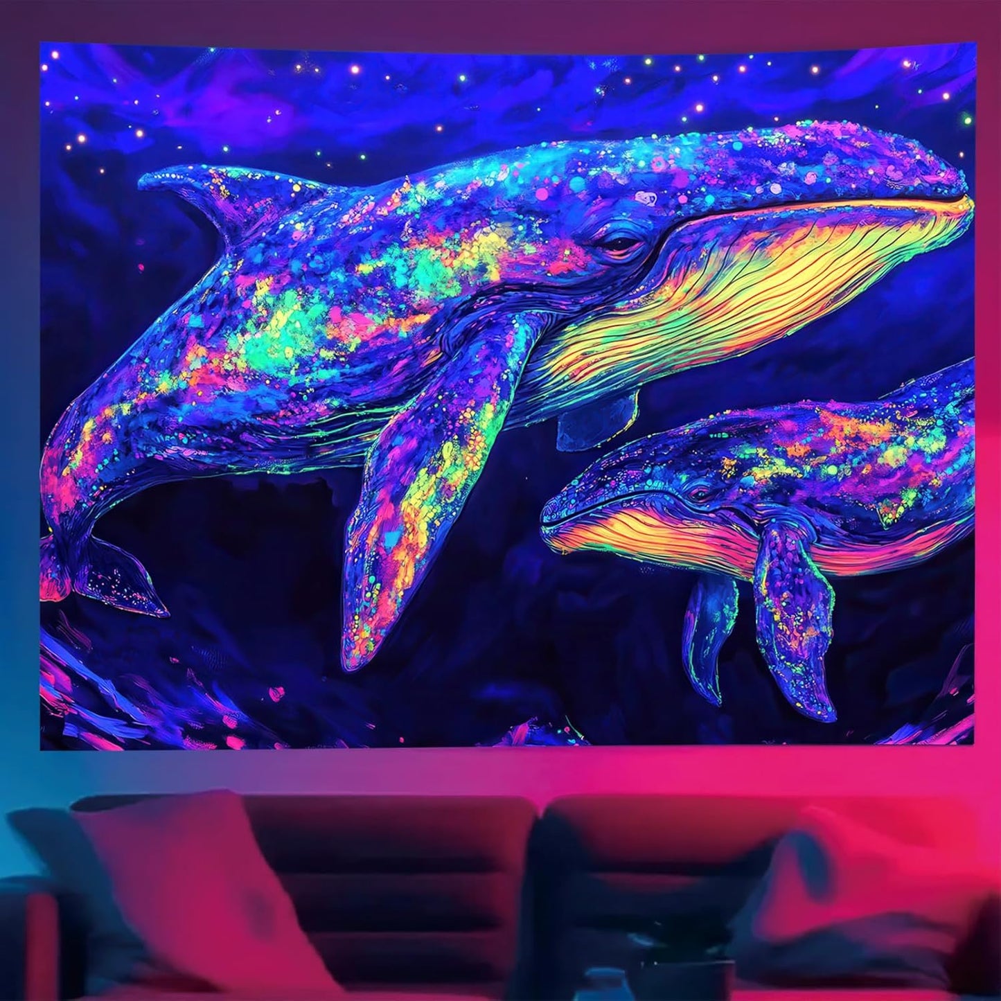 Starlit Patio Blacklight Whale Tapestry UV Reactive Glow in The Dark Neon Whale Wall Hanging Tapestry Trippy Ocean Art Poster for Bedroom Living Room Dorm Aesthetic Decor 78 x 59 Inches