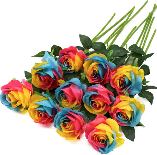 Rainbow Fake Roses Artificial Flowers - 10 Pcs Fake Artificial Roses Silk Flowers with Stems for Home Wedding Hotel Office Centerpiece Decor（Rainbow2）
