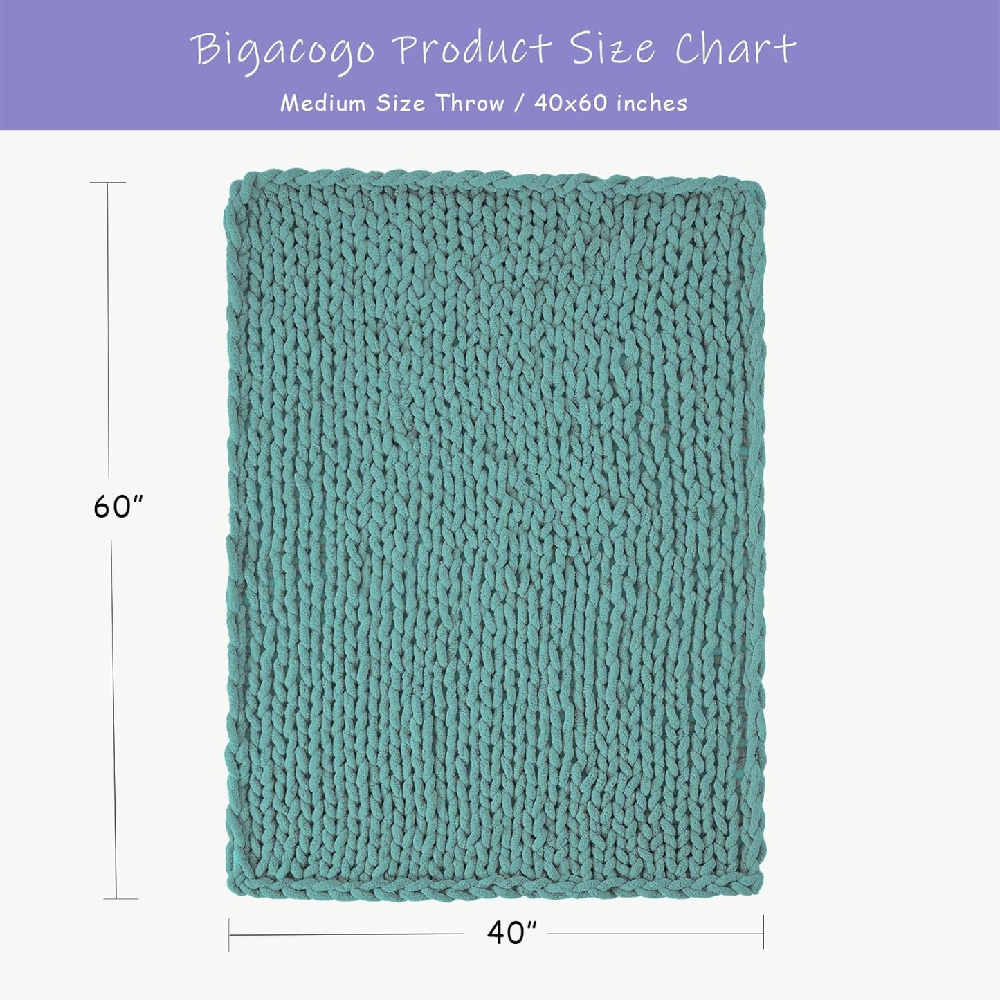 Bigacogo Chunky Knit Throw Blanket for Couch, 40x60 inches, 100% Hand Knitted with Thick Jumbo Chenille Yarn, Cozy Soft Large Rope Knot Cable Crochet Blankets for Sofa Bed Living Room, Light Teal