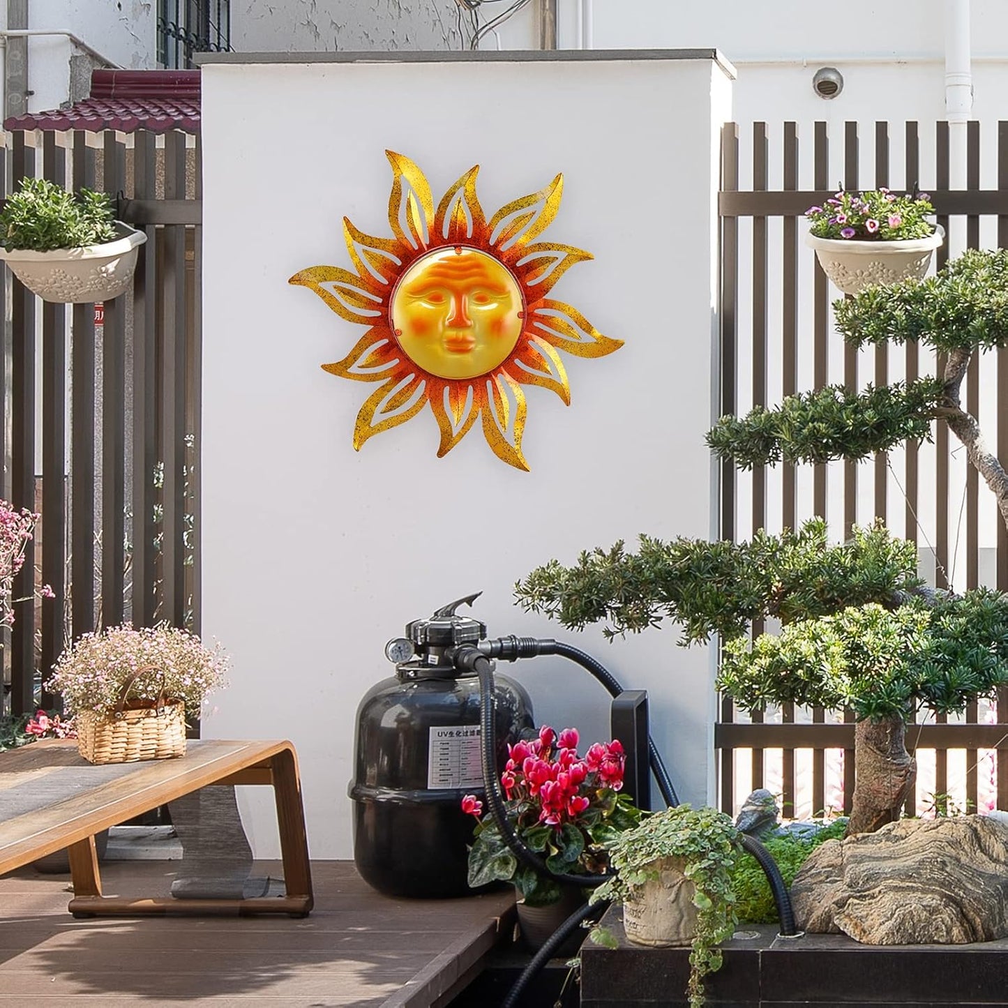 Metal Sun Outdoor Wall Art Decor Large 19 Inch, Hanging for Indoor Outdoor Patio Garden Fence Deck Yard Pool Wall Sculpture Decoration for Living Room Bedroom Colorful Unique