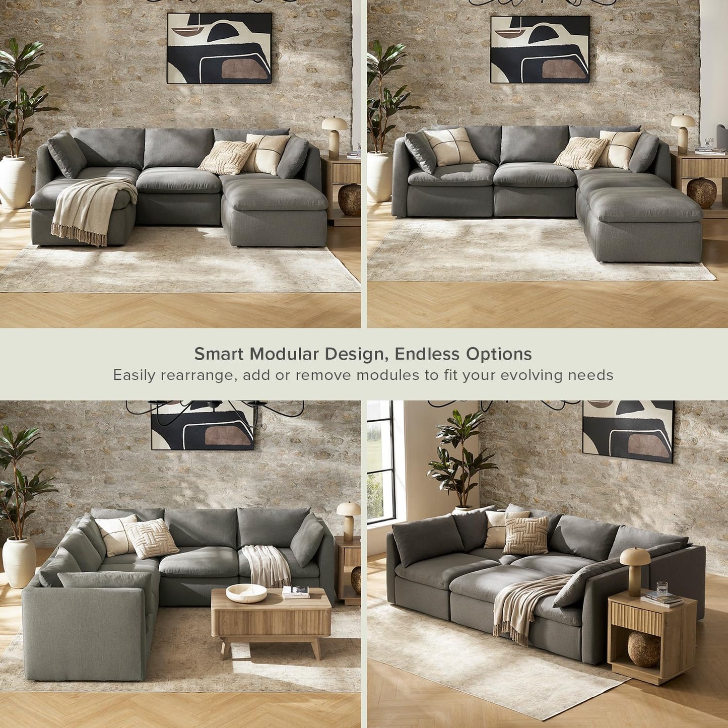 mopio Oversized Modular Sectional Sofa with Fully Removable Covers and Storage, Convertible U, L-Shaped and Sleeper Sectional, Modern Couches with Ottoman Chaise (Stone Gray Fabric, 5 Seats, U)