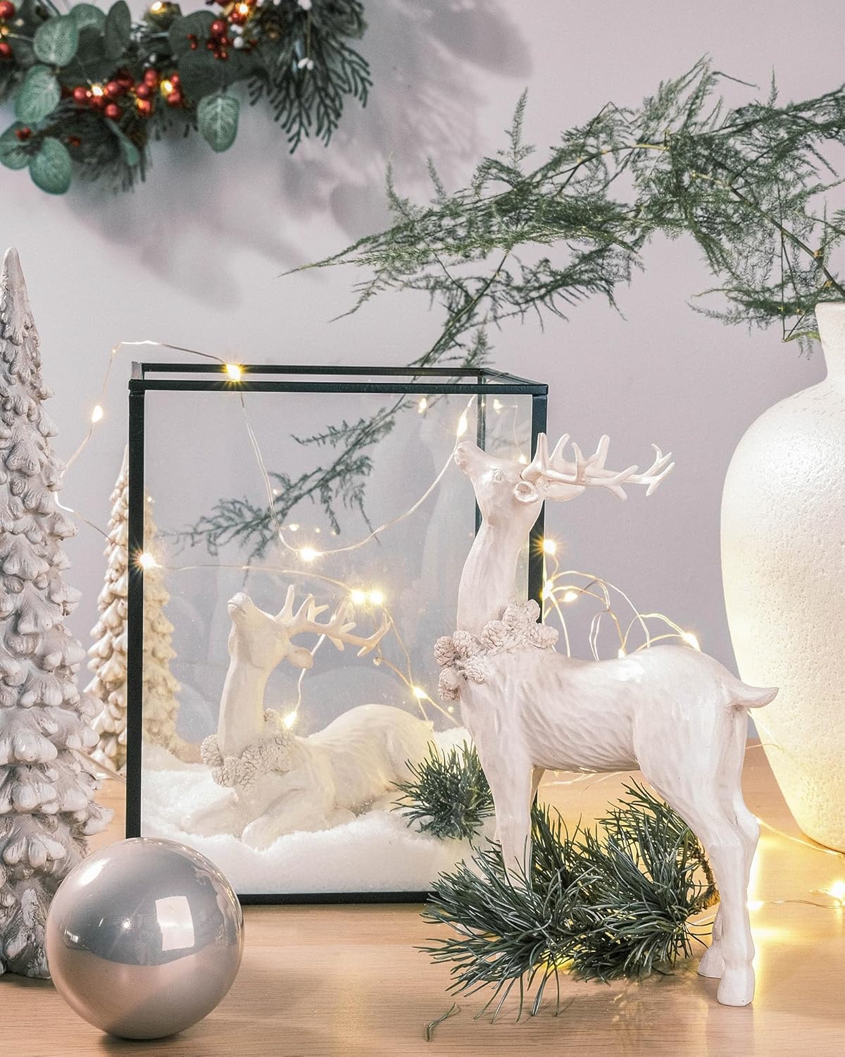 DN DECONATION 2pcs White Christmas Reindeer Statue, Indoor Reindeer Decor, Tabletop Resin Deer Figurine