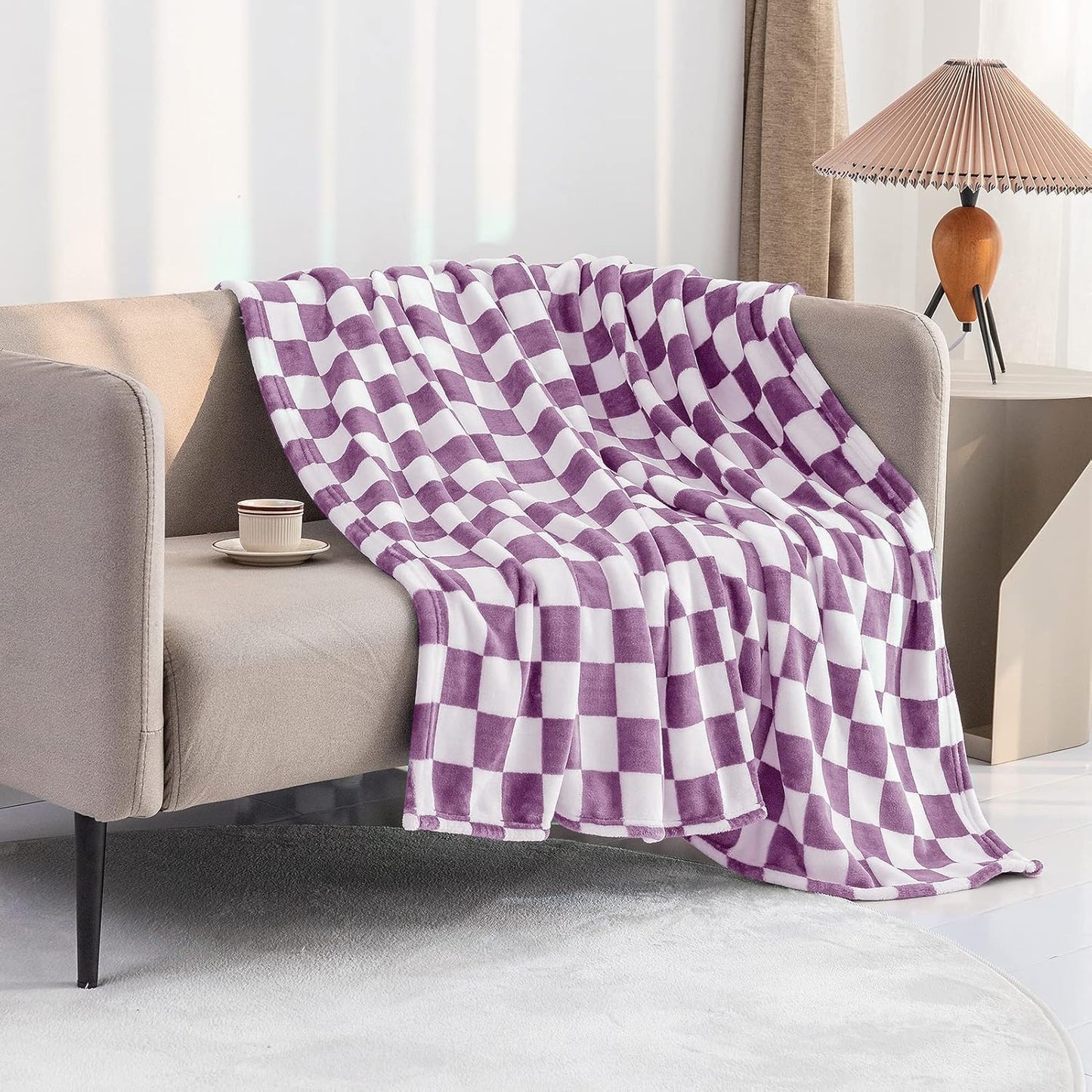 LOMAO Throw Blankets Flannel Blanket with Checkerboard Grid Pattern Soft Throw Blanket for Couch, Bed, Sofa Luxurious Warm and Cozy for All Seasons (Purple, 60"x80")