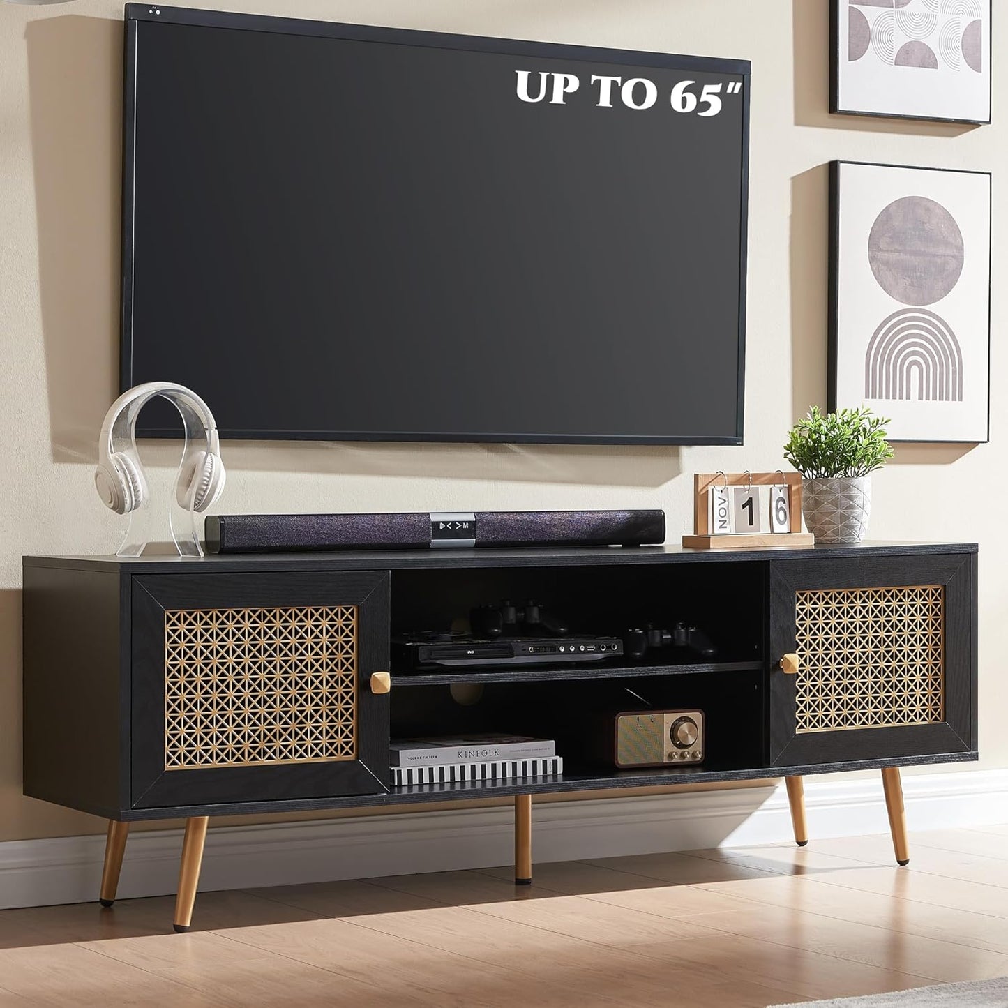 Mid Century Modern TV Stand for 65 inch TV, Entertainment Center with Storage, Metal Mesh Decorated Cabinet Doors for Living Room, Black