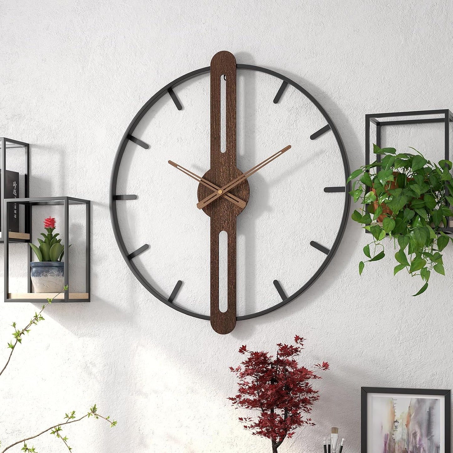 Modern Walnut Dial Wall Clock, Wood Large Wall Clock Decor Metal Frame Silent Non Ticking for Living Room, Bedroom, Kitchen, Study Decoration, Handmade Home Present Idea, 20 in （50 cm）