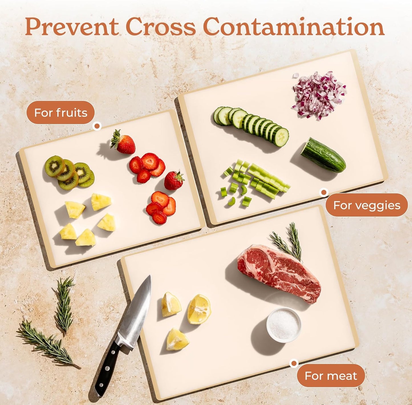 SMIRLY Plastic Cutting Board Set 3 Pieces, Non-Slip Dishwasher Safe Chopping Boards for Kitchen, Cream White