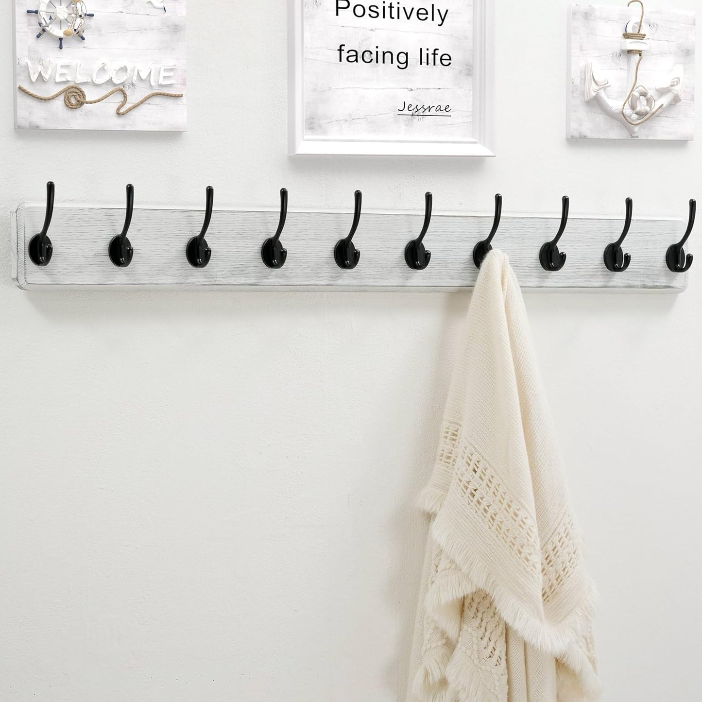 Dseap Coat Rack Wall Mount: 38-1/4" Long, Patented, Heavy-Duty, 10-Double-Hooks Wooden Hanger Rail for Winter Coats Hat Jacket Clothing, White & Black