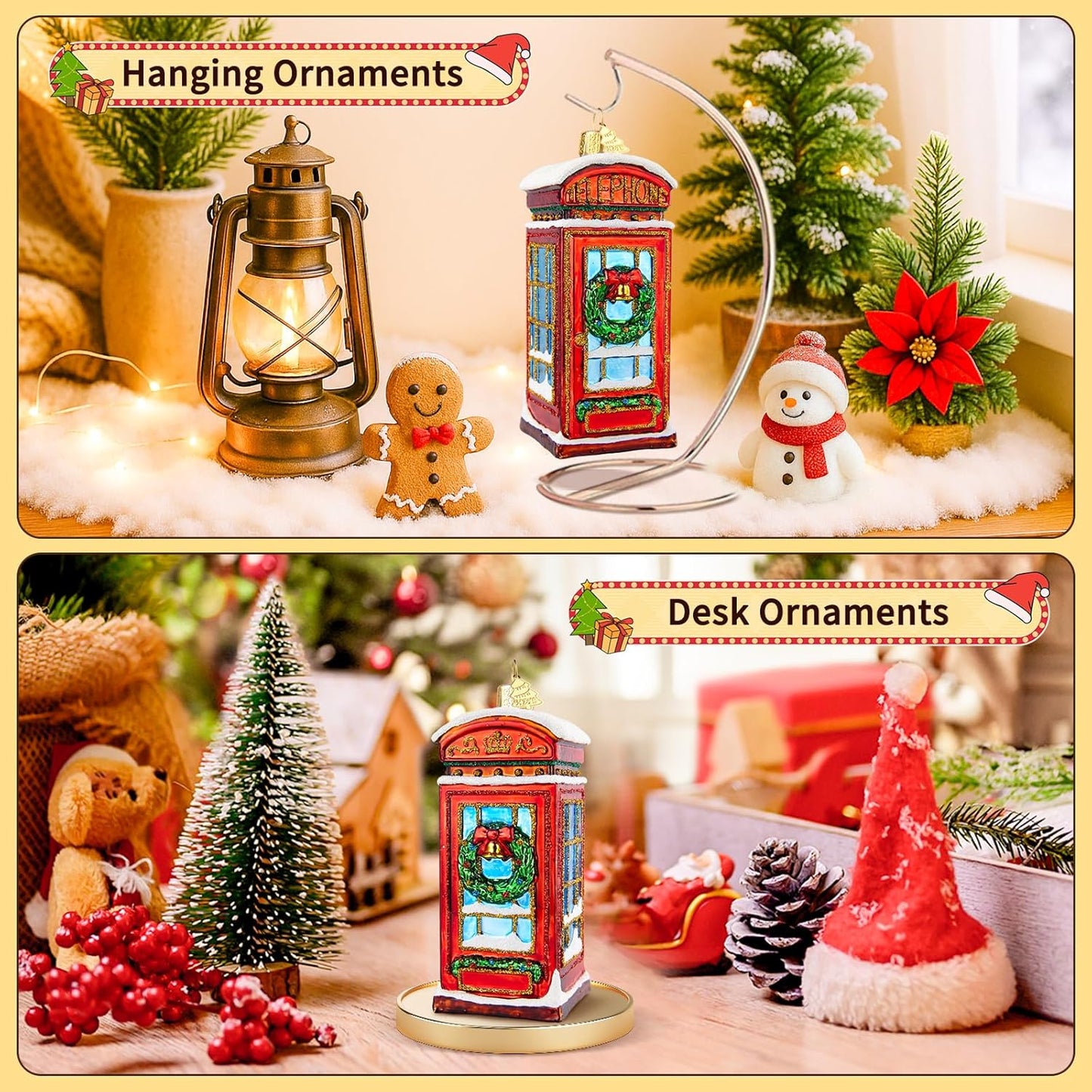 Telephone Booth Christmas Tree Ornaments,Hand-Blown Glass Ornaments,London Phone Booth Watcher Collection Figurines Hanging Ornament,Christmas Decorations for Holiday Party Home Gift