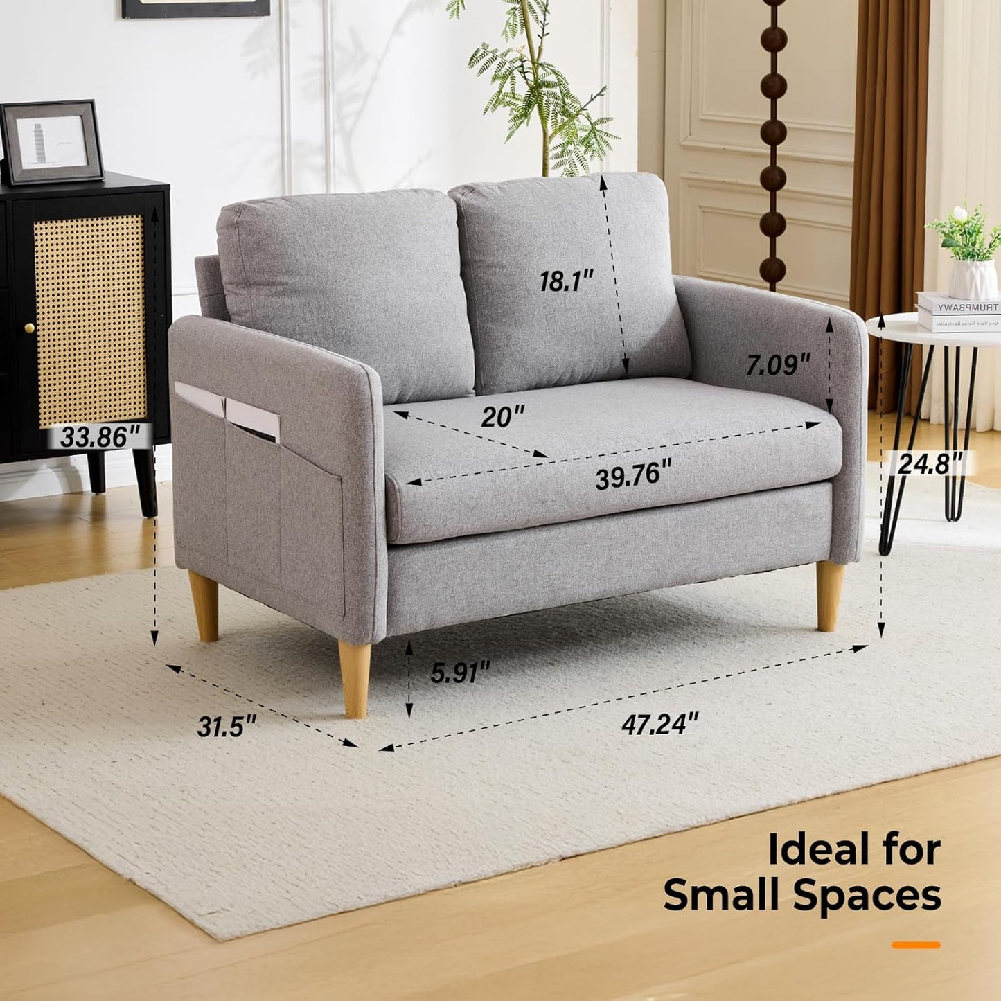 VINGLI 47" Small Couch, Linen Loveseat Sofa Light Grey Mini Couch Mid Century Modern Decor Love Seat for Small Spaces Living Room, Bedroom, Play Room