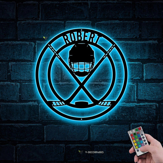 Personalized Hockey LED Wall Sign – Custom Name Light with Helmet, Sticks & Puck, 16-Color LED with Remote Control Neon Signs For Wall Decor, Hockey Decor for Boys Room, Man Cave