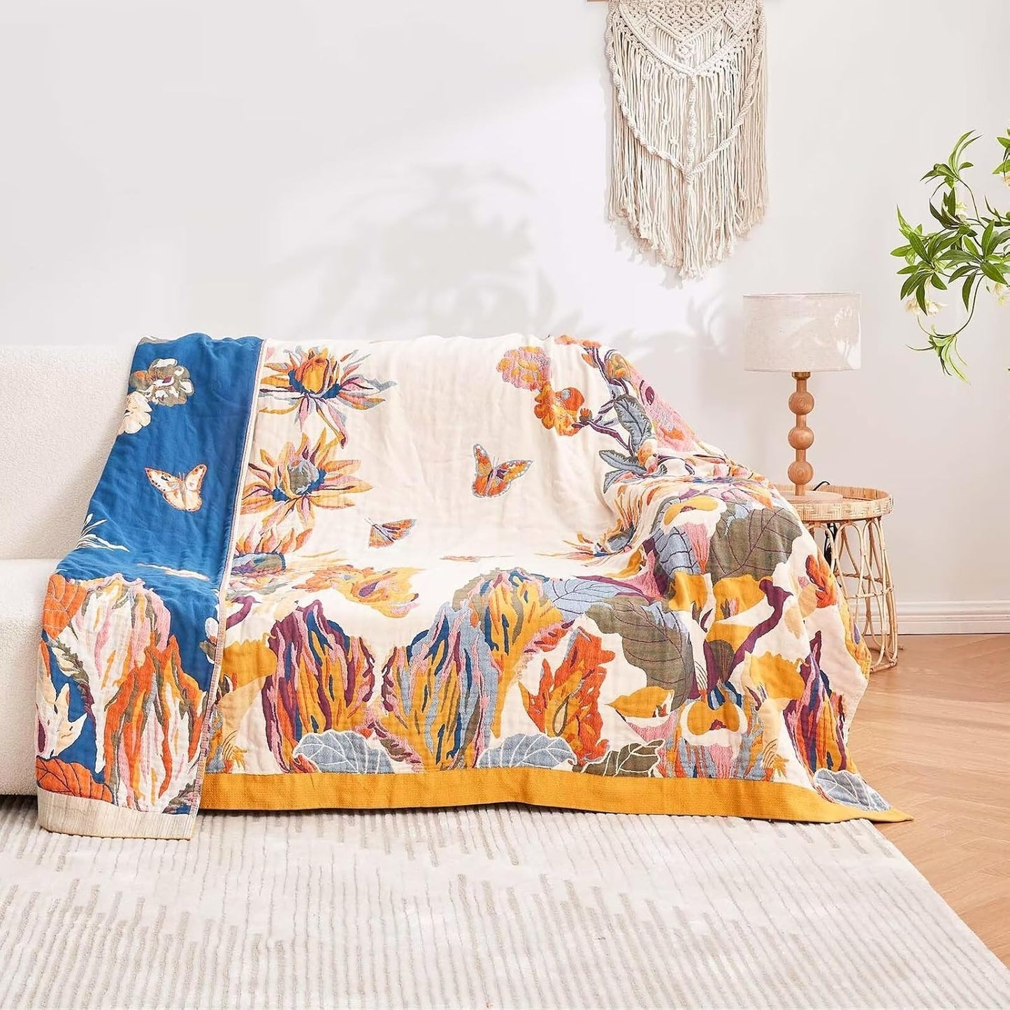 Boho Throw Blanket, 100% Cotton Ultra Soft Luxury Throw Rustic Quilt, 80"x90" Floral Bird Butterfly Farmhouse Decor Bed Blankets, All Season Rustic Reversible Bohemian Throw for Bed - Yellow