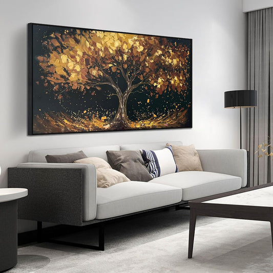 Tree Painting Wall Art for Office - Hand Painted Gold and Black Canvas Wall Art for Living Room - Black Framed Wall Art for Bedroom Size 29" x 59"