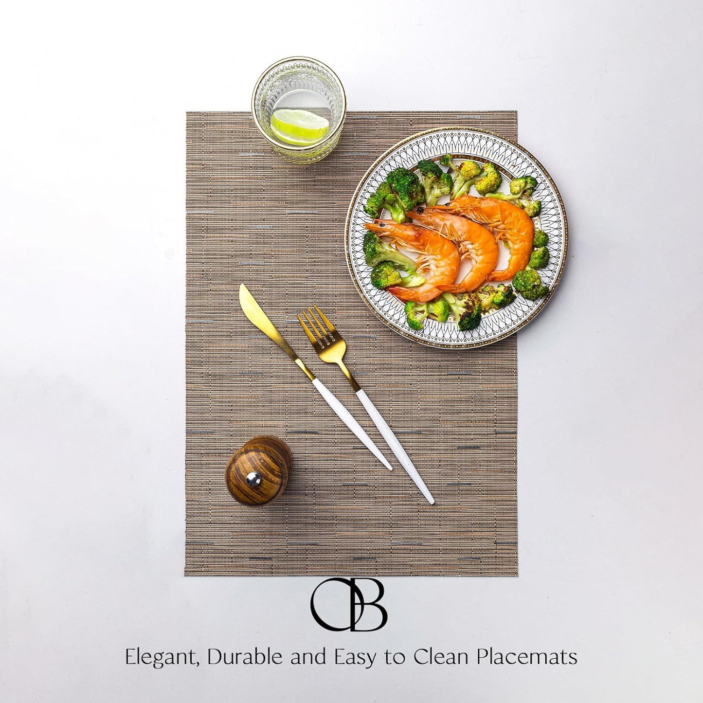 Placemats Set of 12 - Easy Clean Woven Vinyl Placemats for Dining Table, Indoor/Outdoor Place Mats, Washable PVC Table Mats （Light Brown）