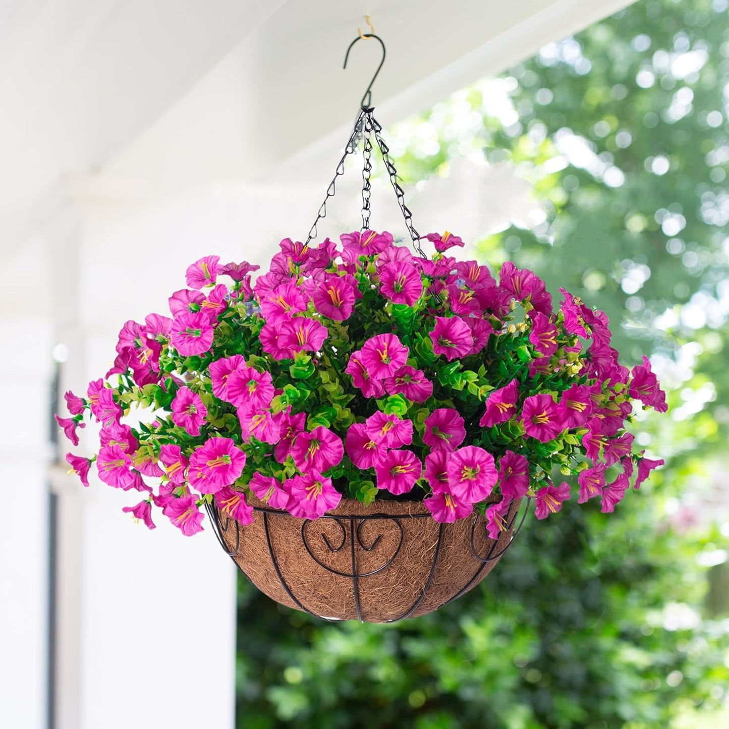 Ivydale Artificial Silk Hanging Plants Flowers Basket for Outdoor Outside Summer Decoration, Fake Faux UV Sun Resistant Look Real Morning Glory Fuchsia for Porch Patio Balcony Home