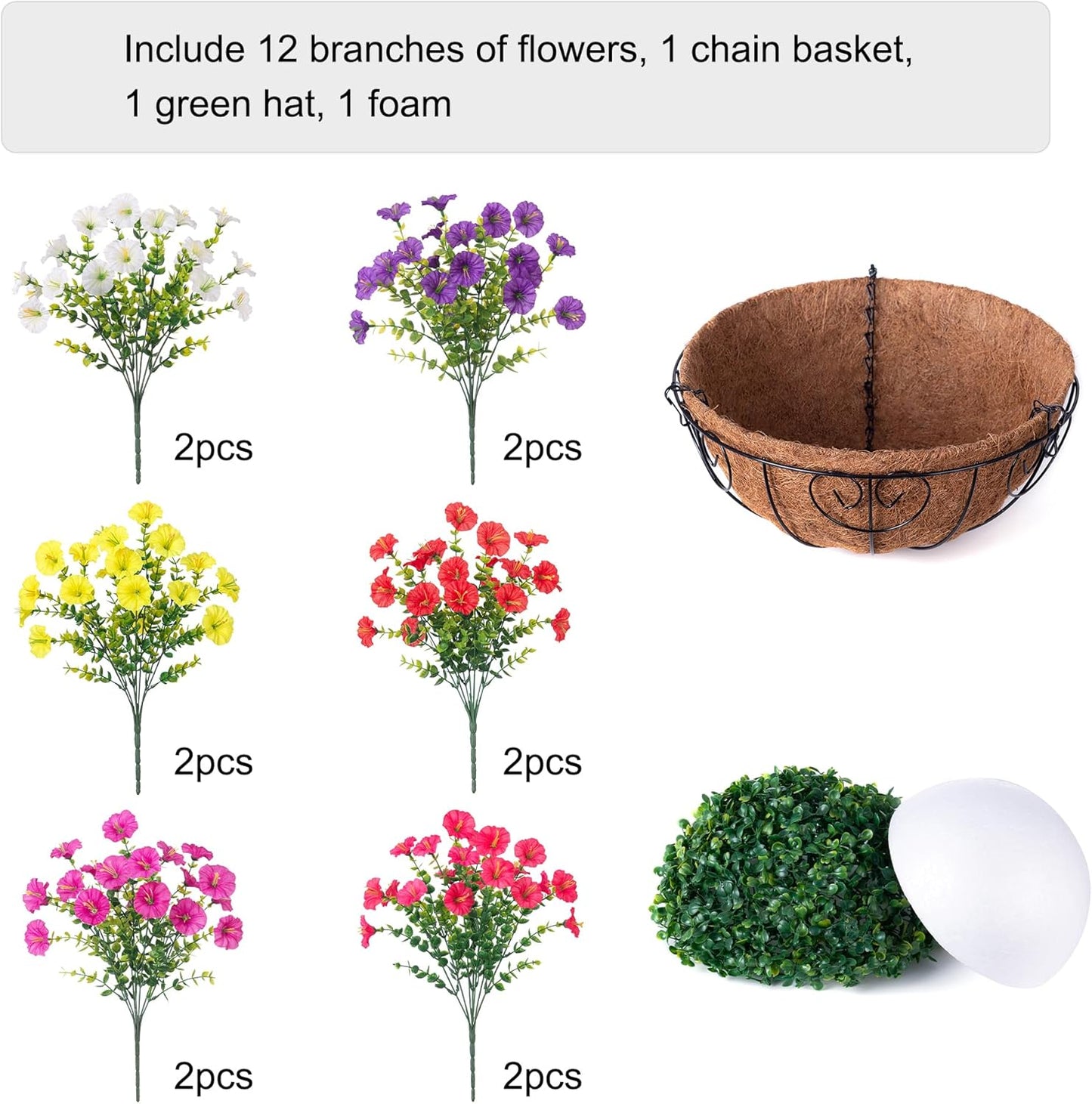 Artificial Faux Hanging Flowers Plants Basket for Outdoors, Silk Morning Glory with Eucalyptus in Planter Look Real UV Resistant Fake Flowers for Porch Outside Patio Balcony Yard Indoor Summer Decor