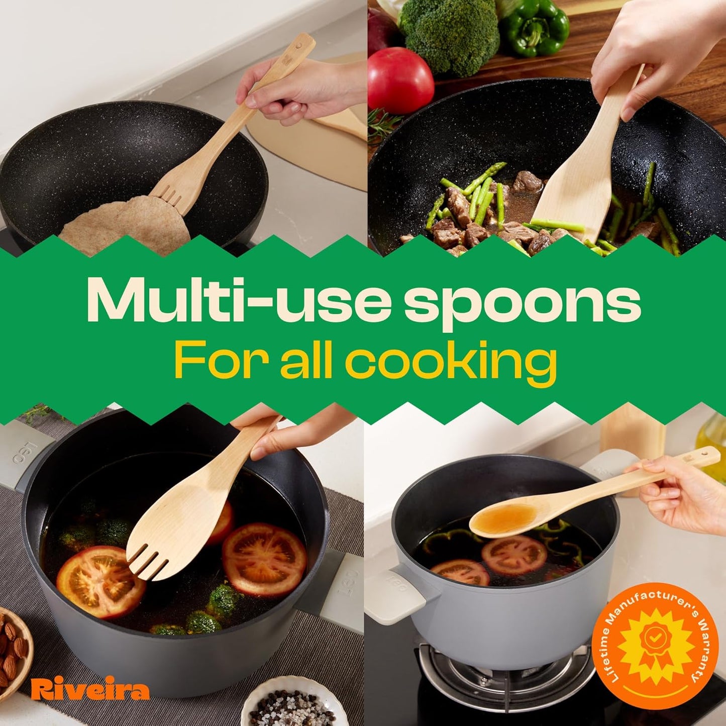 Riveira Maple Wooden Cooking Utensils Set of 6 Premium Non-Toxic Wooden Spoons & Spatula for Cooking