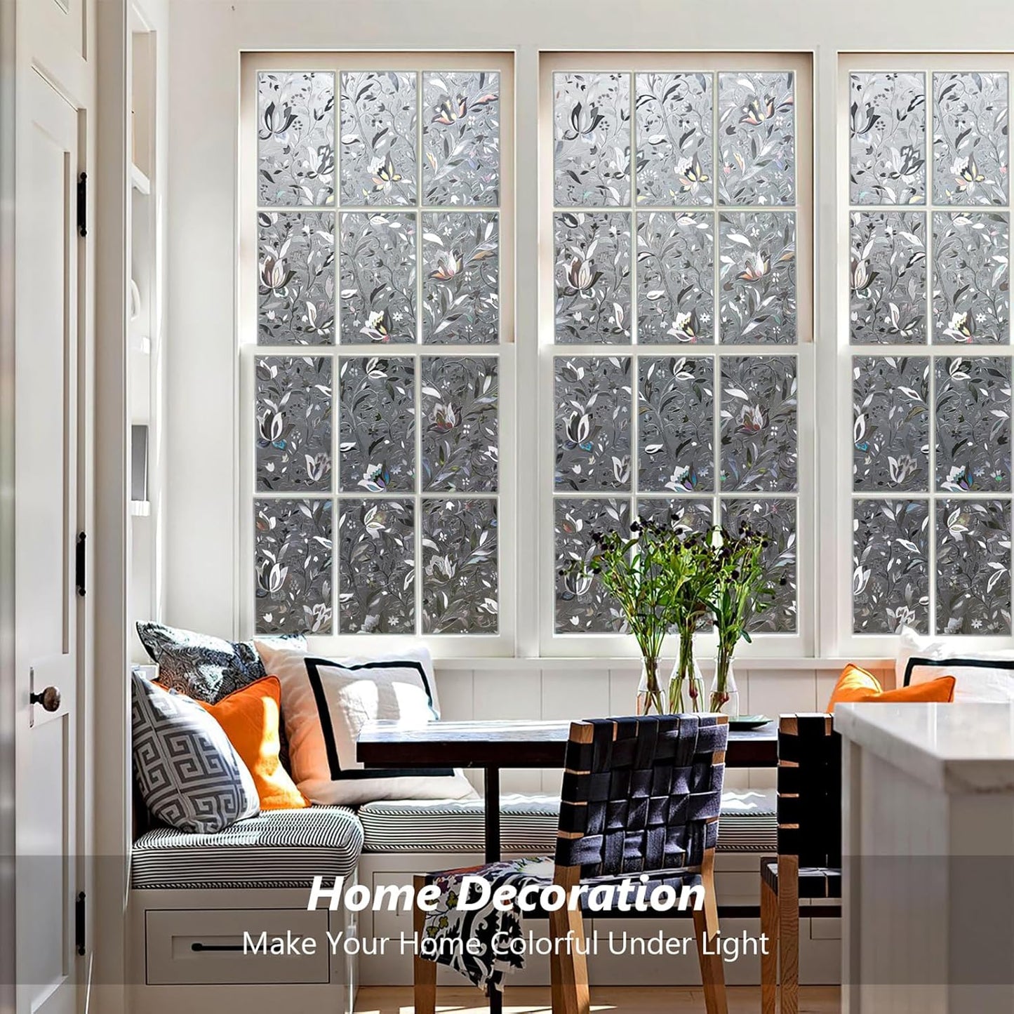 Kromapolis Window Film, Window Privacy Film Frosted, Vinyl Glass Covering, Stained Glass Decorative Film, Static Window Clings, Non-Adhesive (Grayish Black, 35.4 x 157.4 inch)