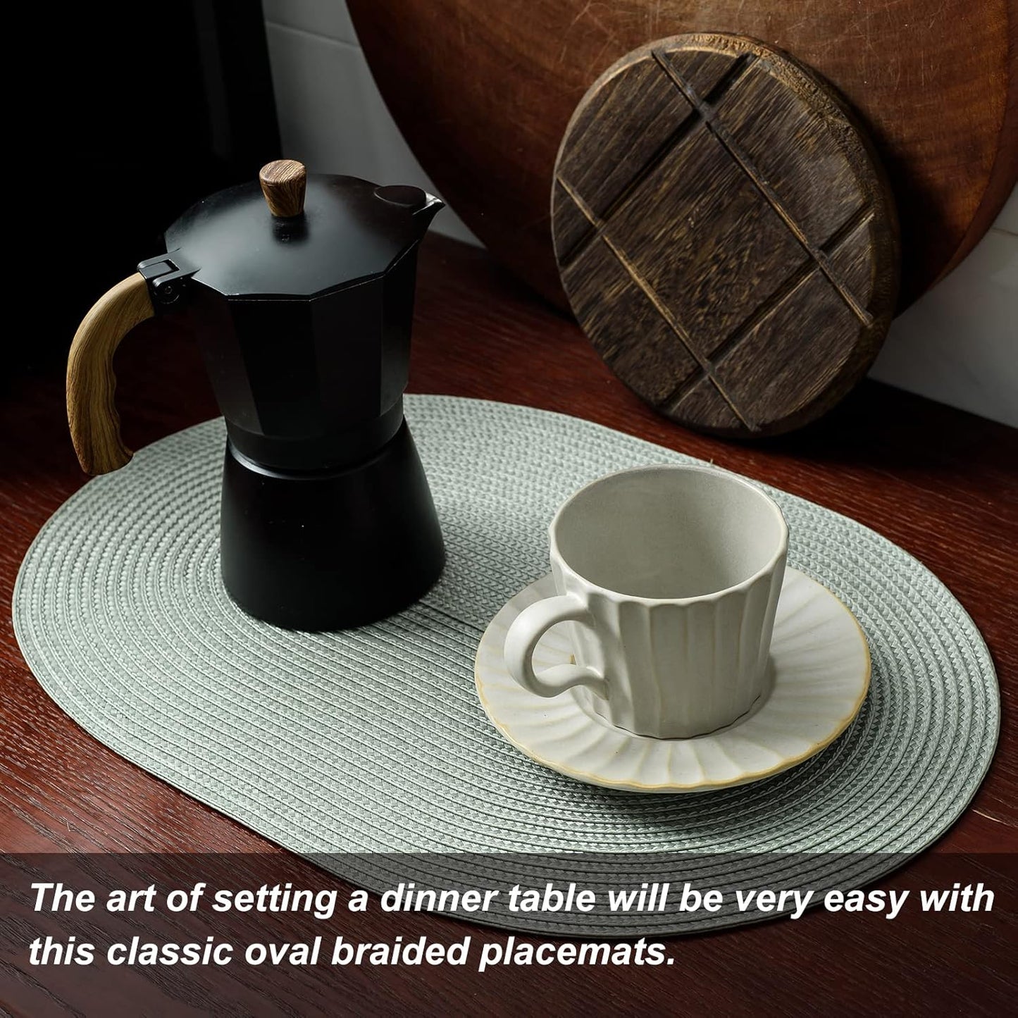 AHHFSMEI Placemats Set of 4 for Dining Table Washable Woven Vinyl Non-Slip 18x12 inches Placemat Heat-Resistant Durable Table Mats for Dining Table Easy to Clean (Sage Green, 4)