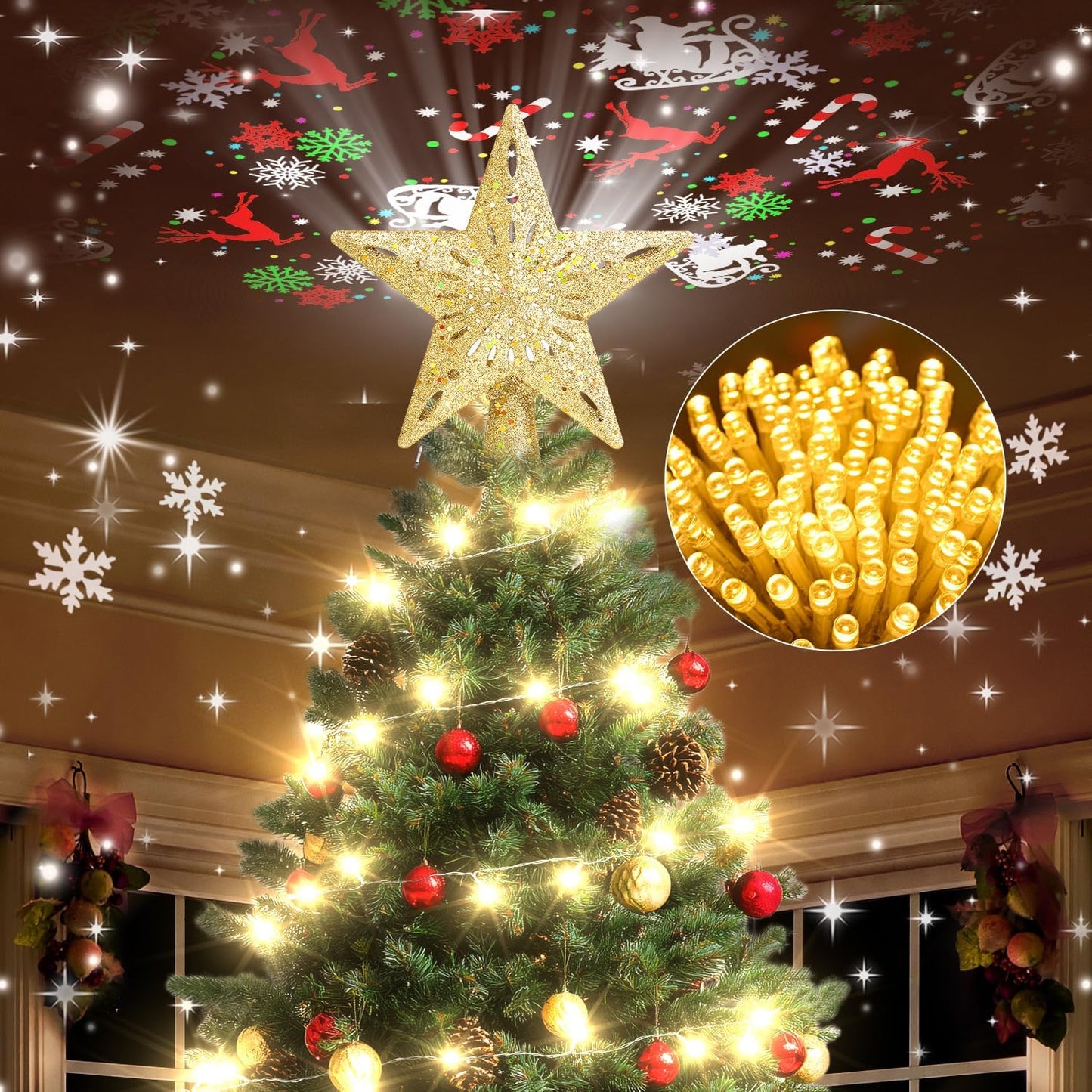 Kesfitt Christmas Tree Topper with 10M Warm Light Cord, Tree Top Star Decoration with 6 Projection Modes, Gold Tree Topper Lighted 3D Glitter Dynamic Projection for Xmas Party Holiday