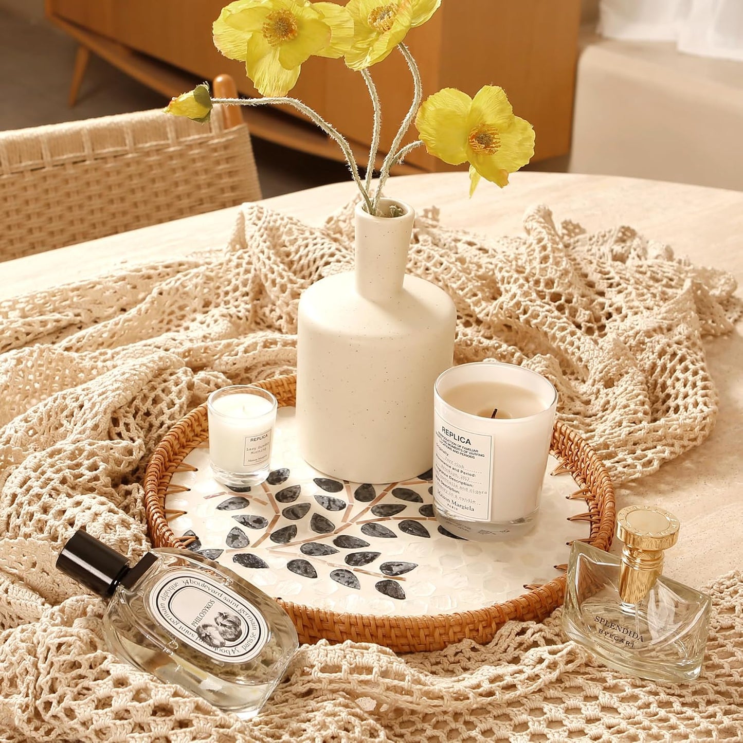 Round Rattan Tray with Mother of Pearl Inlay & Wooden Base - Decorative Wicker Serving Tray for Coffee/Bread/Fruits, Food Storage & Display - Multipurpose Home Decor (L,Little Tree)