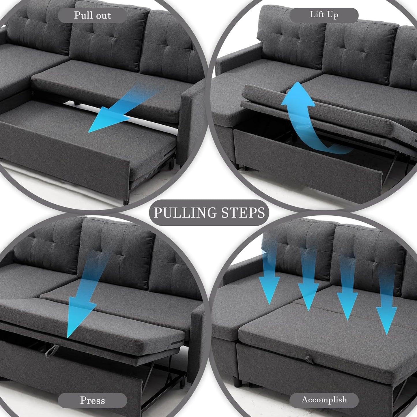 Pull Out Couch, Oversized Sleeper Sofa Couch, Sectional Sleeper Sofa Bed for Living Room Bedroom Lounge (Grey, 110 Inch)