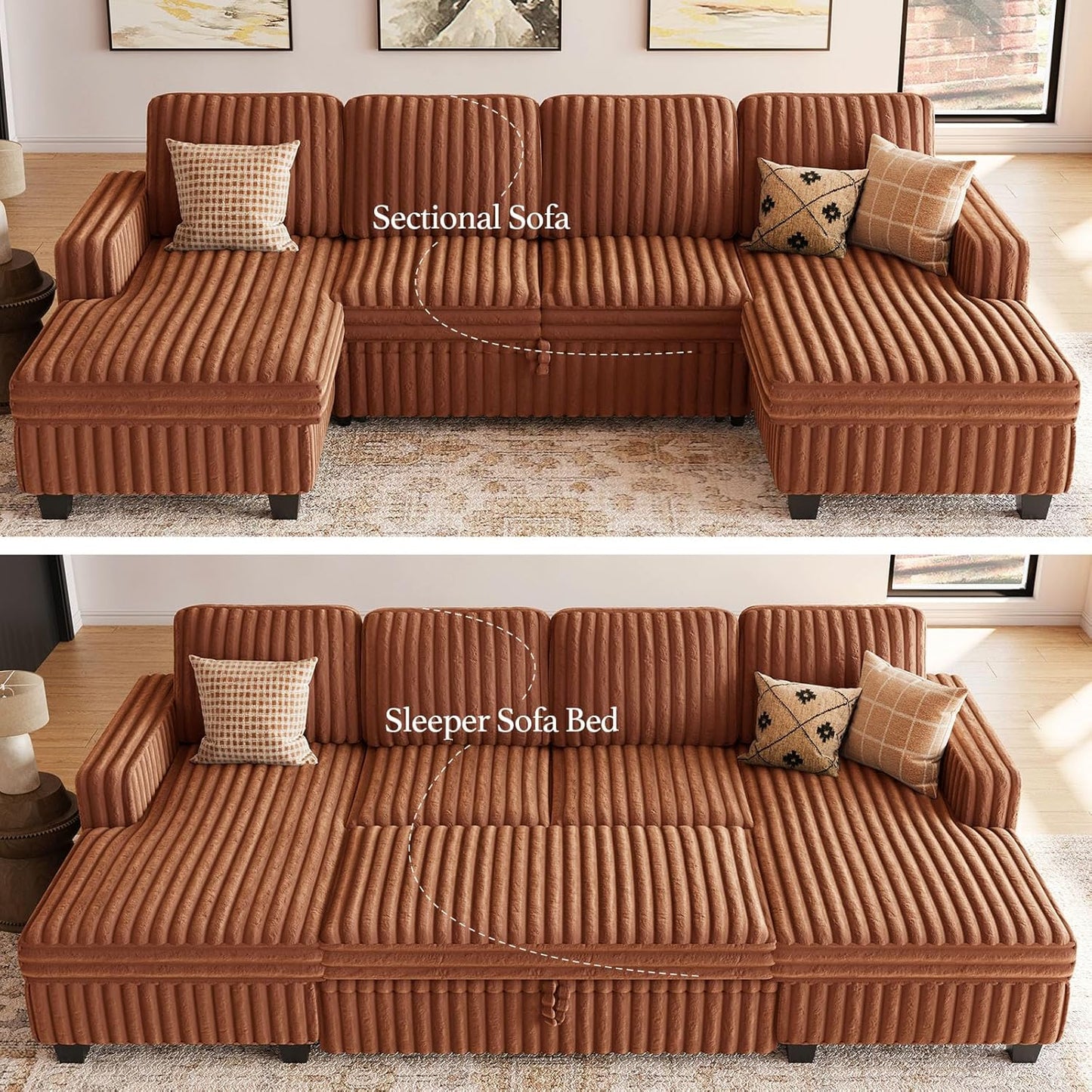 Belffin Modular Sectional Sleeper Sofa with Pull Out Couch Bed Corduroy Double Chaise with Storage Brick Red Couch