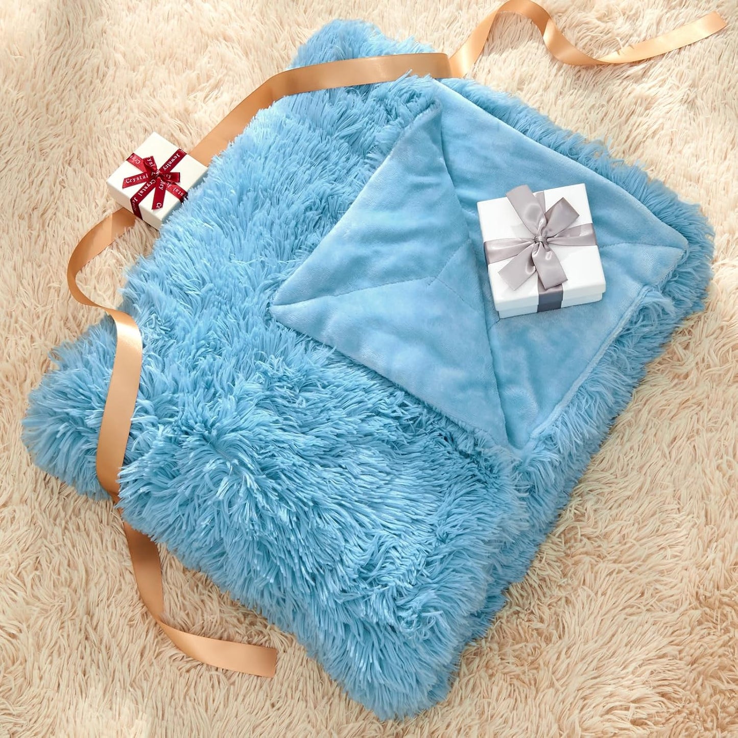GONAAP Fuzzy Faux Fur Throw Blanket Queen Size Sky Blue Super Soft Cozy Plush Fuzzy Shaggy Blanket for Couch Sofa Bed (Sky Blue, Queen(90"x90"))