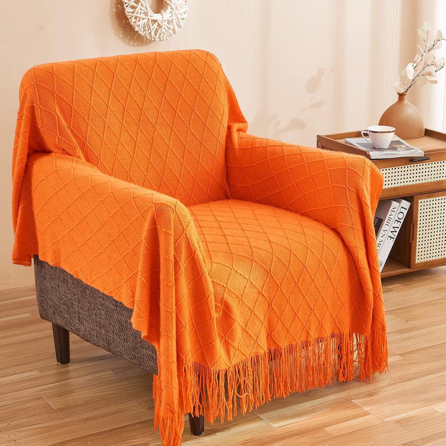 inhand Fall Throw Blanket Burnt Orange for Couch, Soft Living Room Home Decor Knitted Twin Size Blanket, Outdoor Lightweight Breathable Summer Blanket, Farmhouse Warm Woven Decorative, 60"x80"