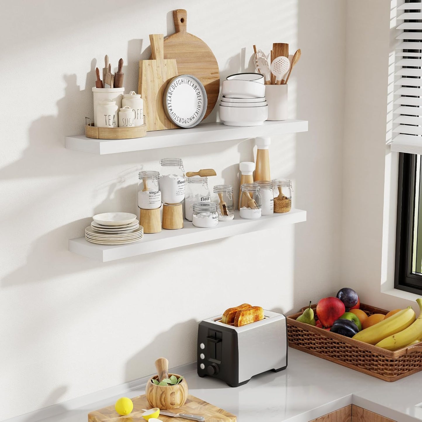 36 Inch Floating Shelves, 8 Inch Deep Floating Shelves for Wall, Hanging Shelf with Invisible Brackets, Deep Shelves for Bathroom, Bedroom, Living Room, White, Set of 2