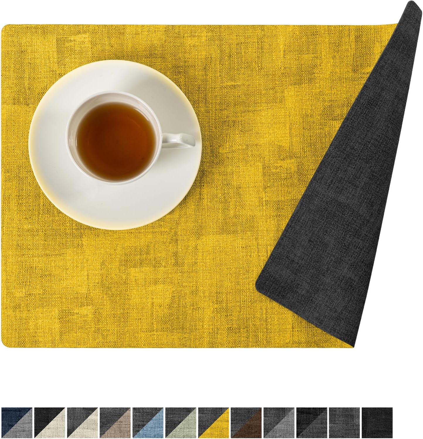 Romanstile Reversible Vinyl Placemats Set of 8, Faux Leather 100% Waterproof Oil-Proof Wipeable Place Mats, Heat Resistant Dual Sided Table Mats for Kitchen/Dining/Party (Grey Yellow, 12 x 17 Inch)