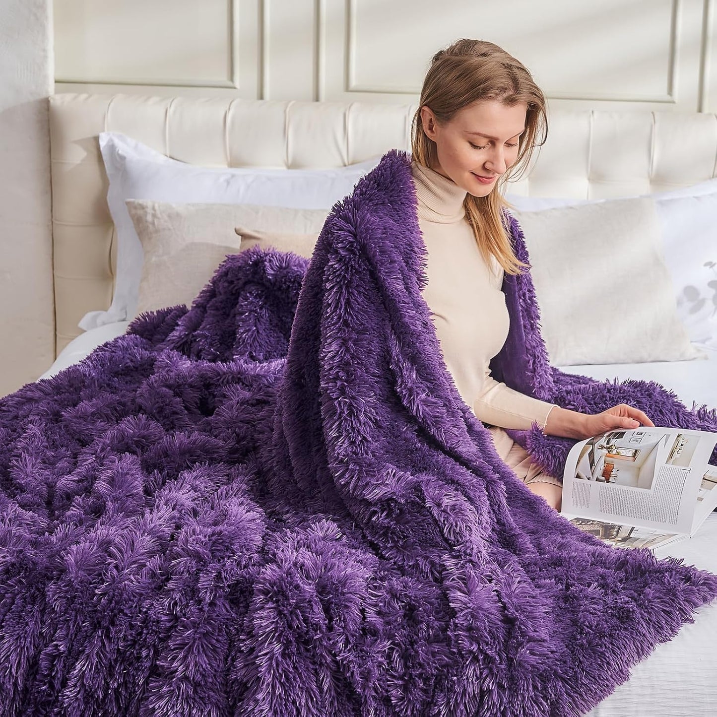 GONAAP Fuzzy Faux Fur Throw Blanket Queen Size Purple Super Soft Cozy Plush Fuzzy Shaggy Blanket for Couch Sofa Bed (Purple, Queen(90"x90"))