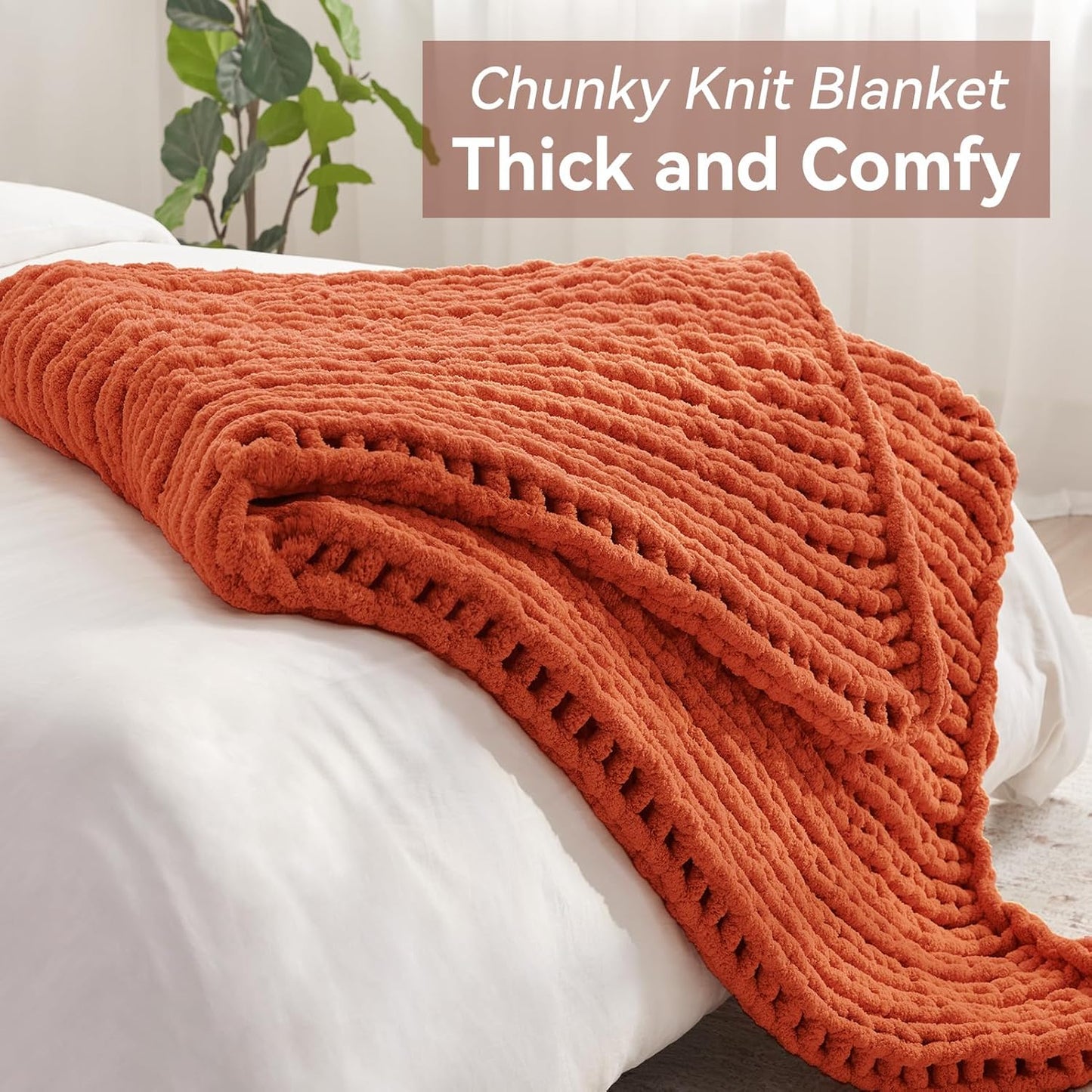 Chunky Knit Throw Blanket, 30''*40'' Knitted Throw Chenille Yarn for Bed Couch, Handmade Orange Crochet Big Thick Blanket, Machine Washable Cute Comfy Blanket for Home Decor