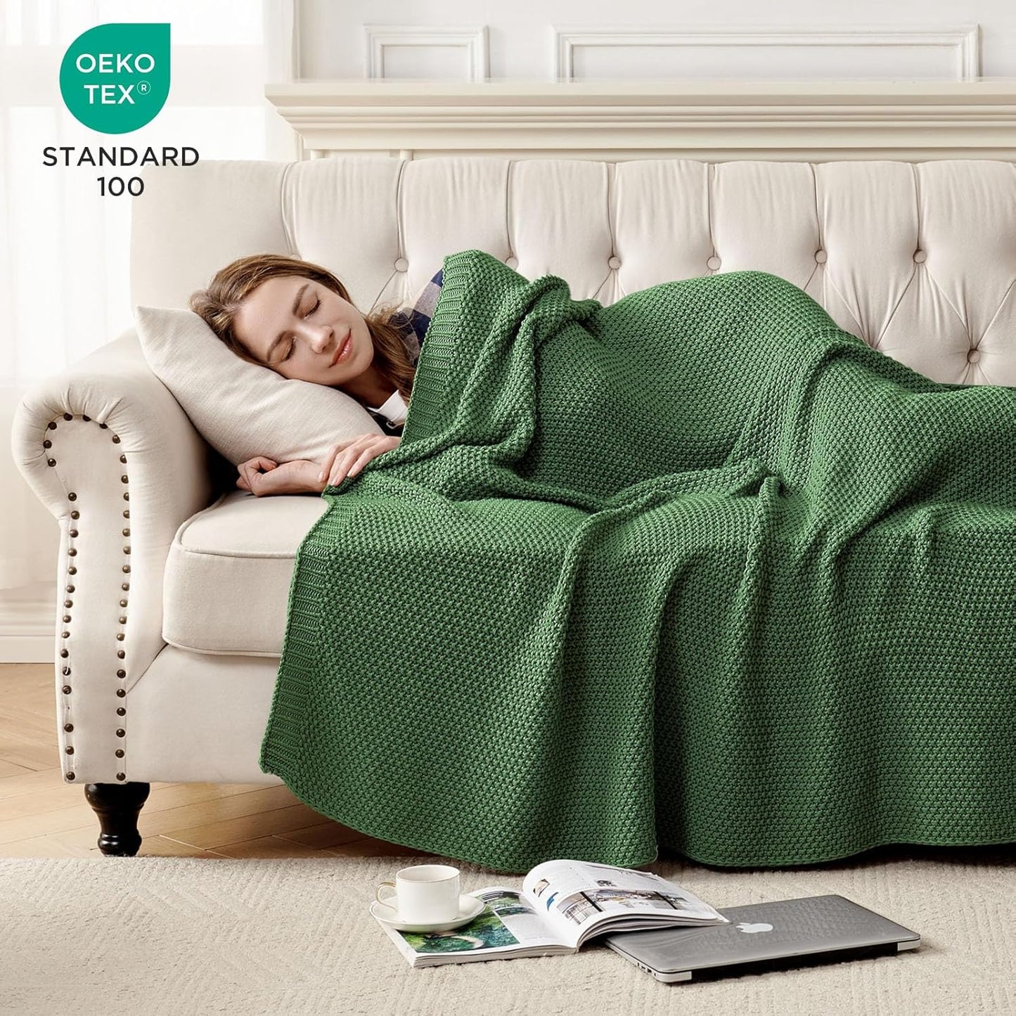 Joydeco Chunky Cable Knit Throw Blanket, Lightweight 100% Cotton Soft Cozy Throw Twin Blanket for Couch Bed and Sofa, Rustic Breathable Farmhouse Blanket Gift for Women Men(Olive Green, 51"x63")