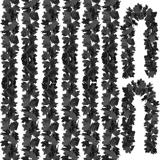 CQURE 8 Pack Black Fall Leaf Garland,Total 35.4Ft Halloween Garland Hanging Vines Artificial Fall Maple Leaves Thanksgiving Decor for Home Wedding Fireplace Christmas